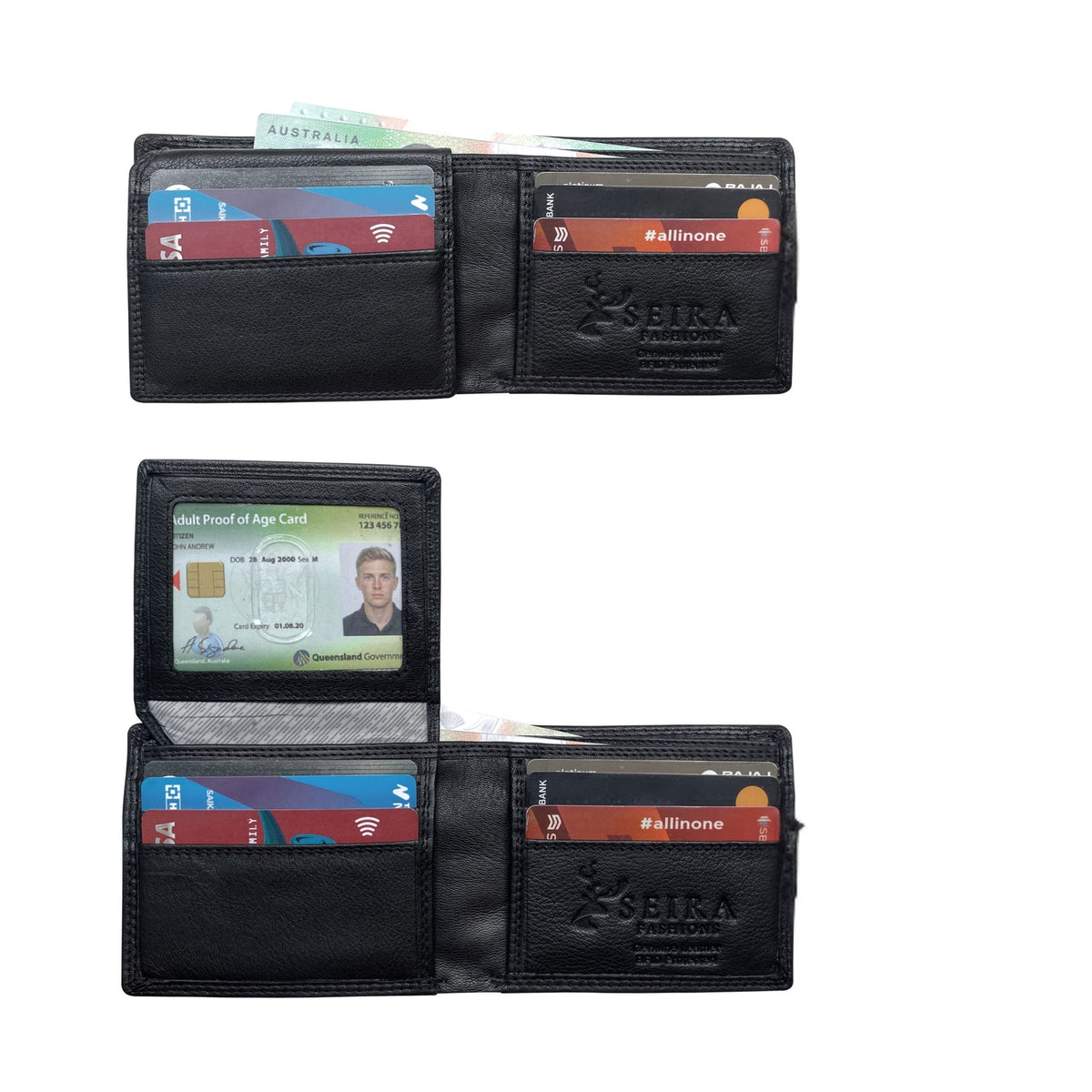Two black leather bifold wallets shown open on a white background, each containing sample cards and an ID card. The right side of both wallets has an embossed SEIRA logo.
