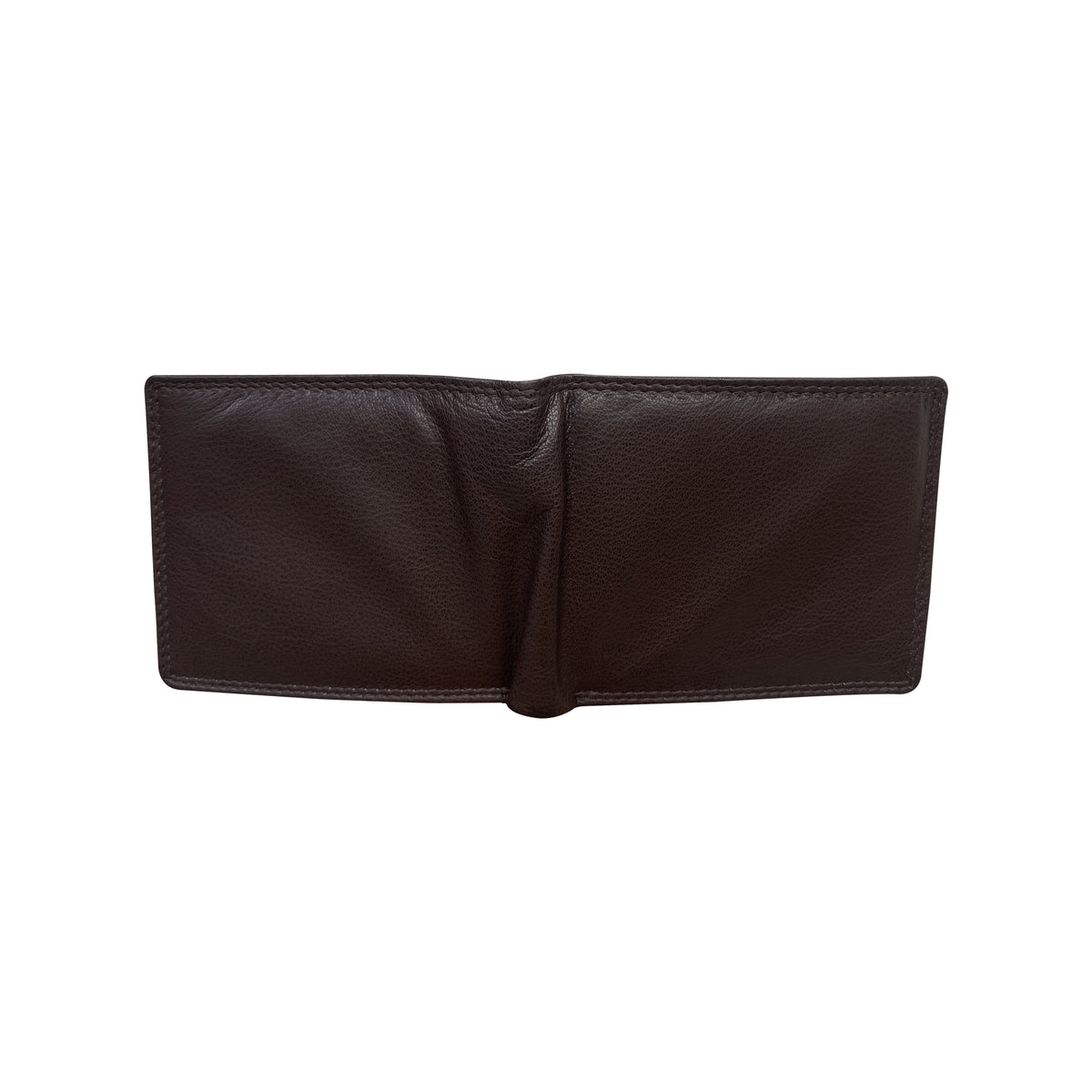 Brown leather wallet open showing back and fold