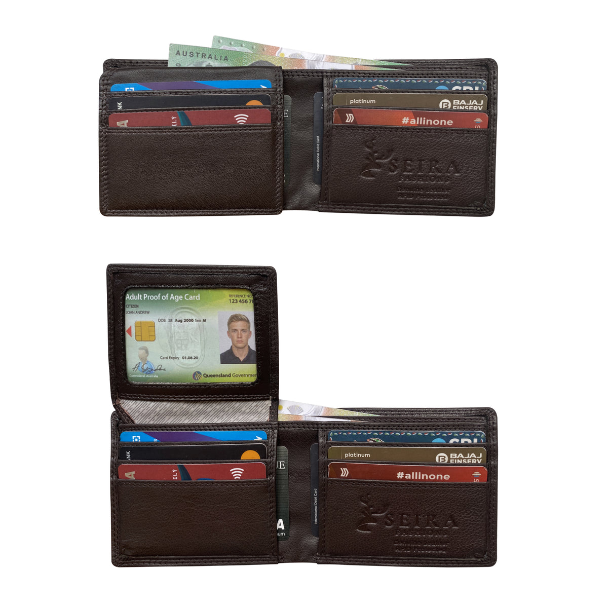 Brown leather wallet interior with card slots, ID window 