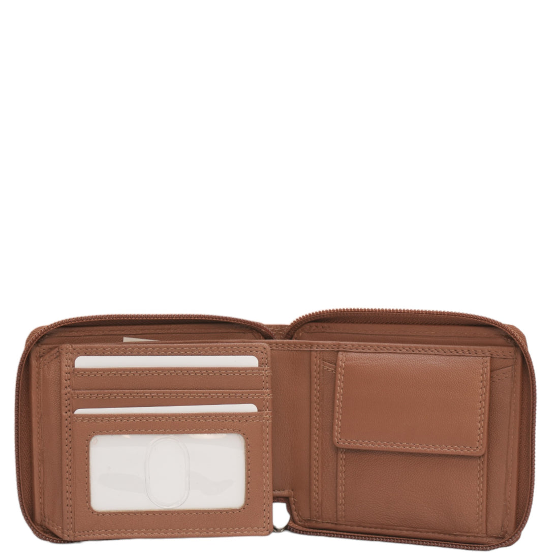 Tan zip around men's wallet front view
