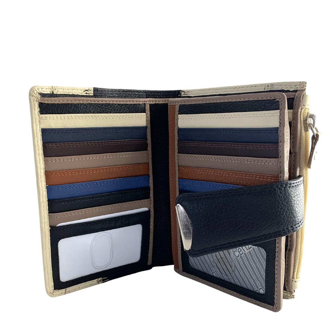 A multicolored ladies wallet with a mix of black and beige colors, featuring a compact design with an ID window and a coin pocket.