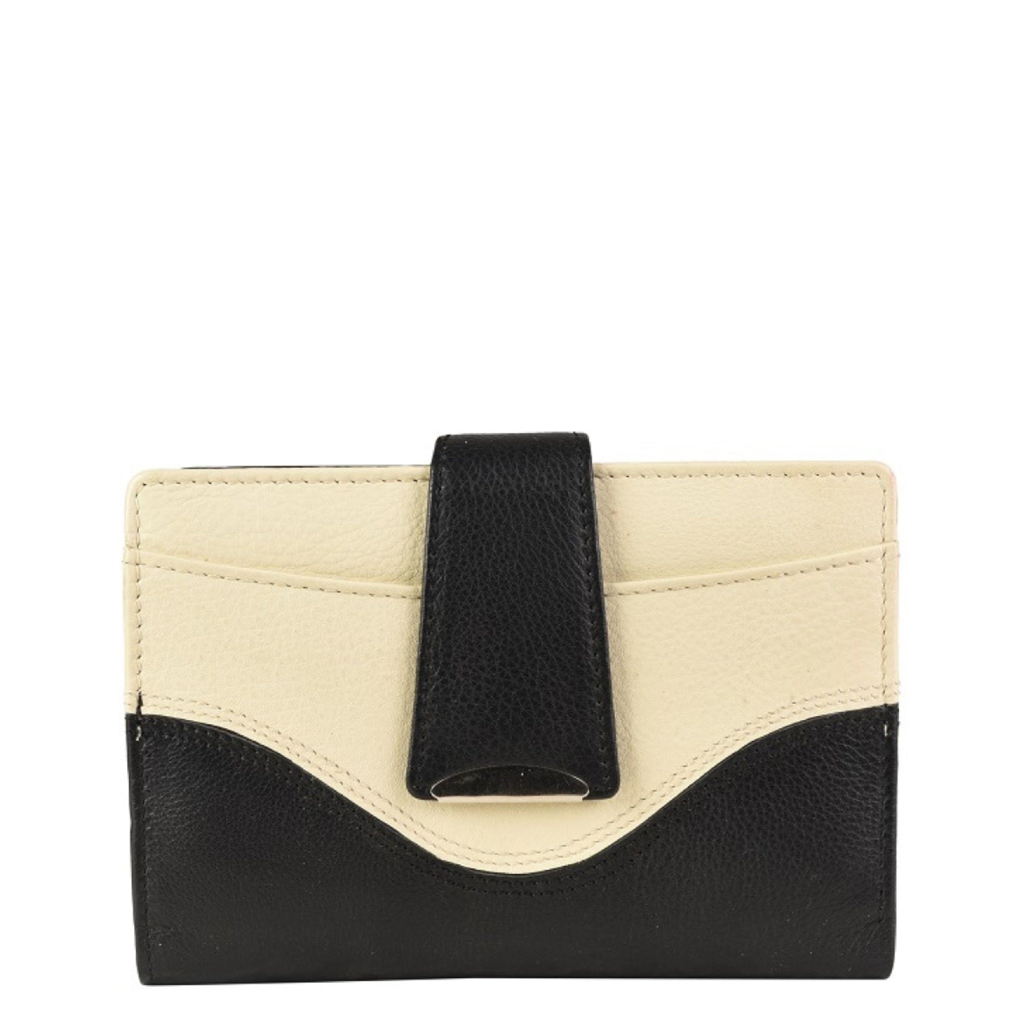 A multicolored ladies wallet with a mix of black and beige colors, featuring a compact design with an ID window and a coin pocket.