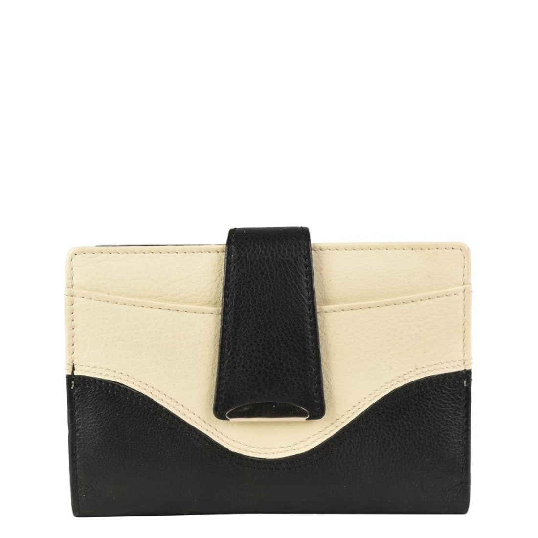 A multicolored ladies wallet with a mix of black and beige colors, featuring a compact design with an ID window and a coin pocket.