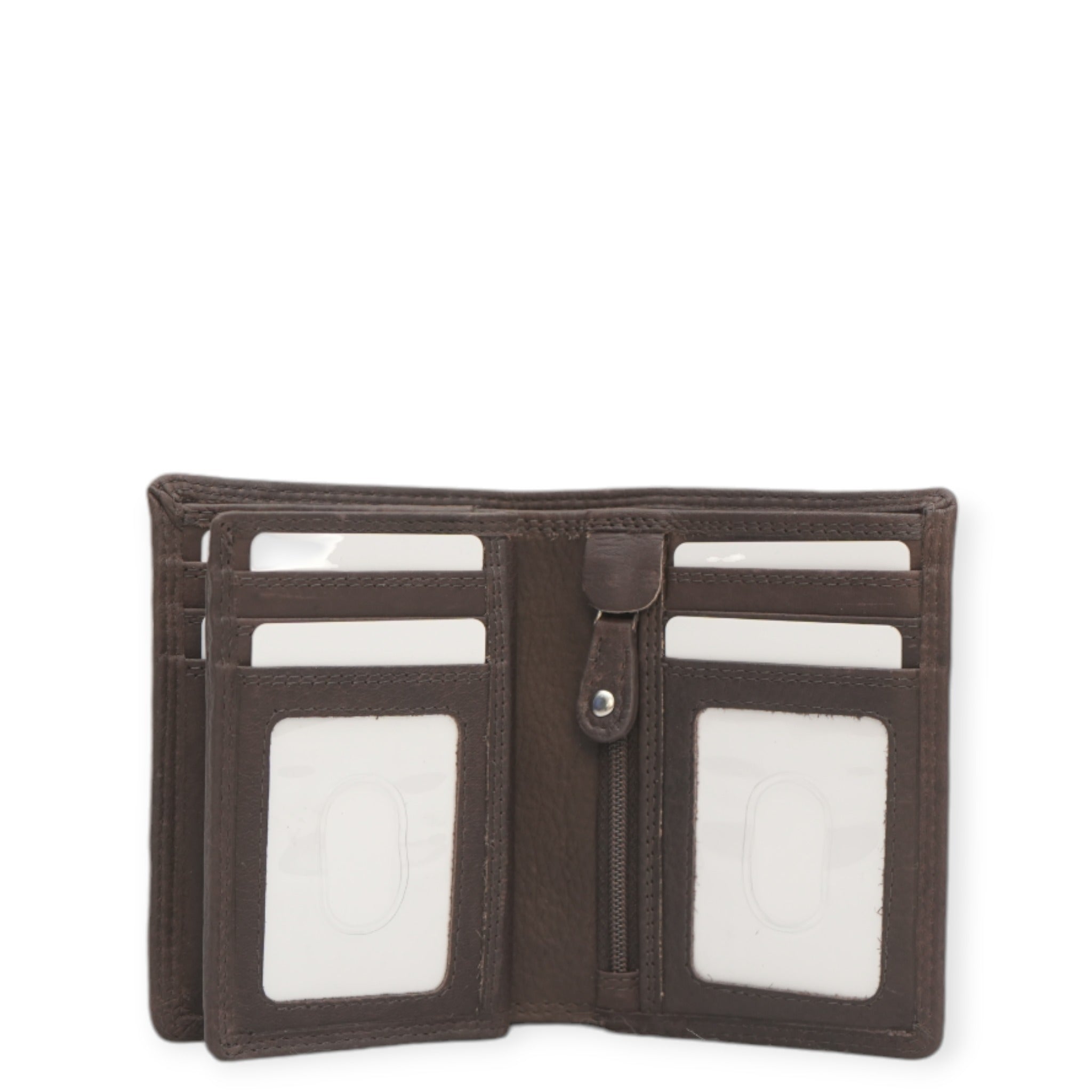 Brown bifold men's wallet open view 2