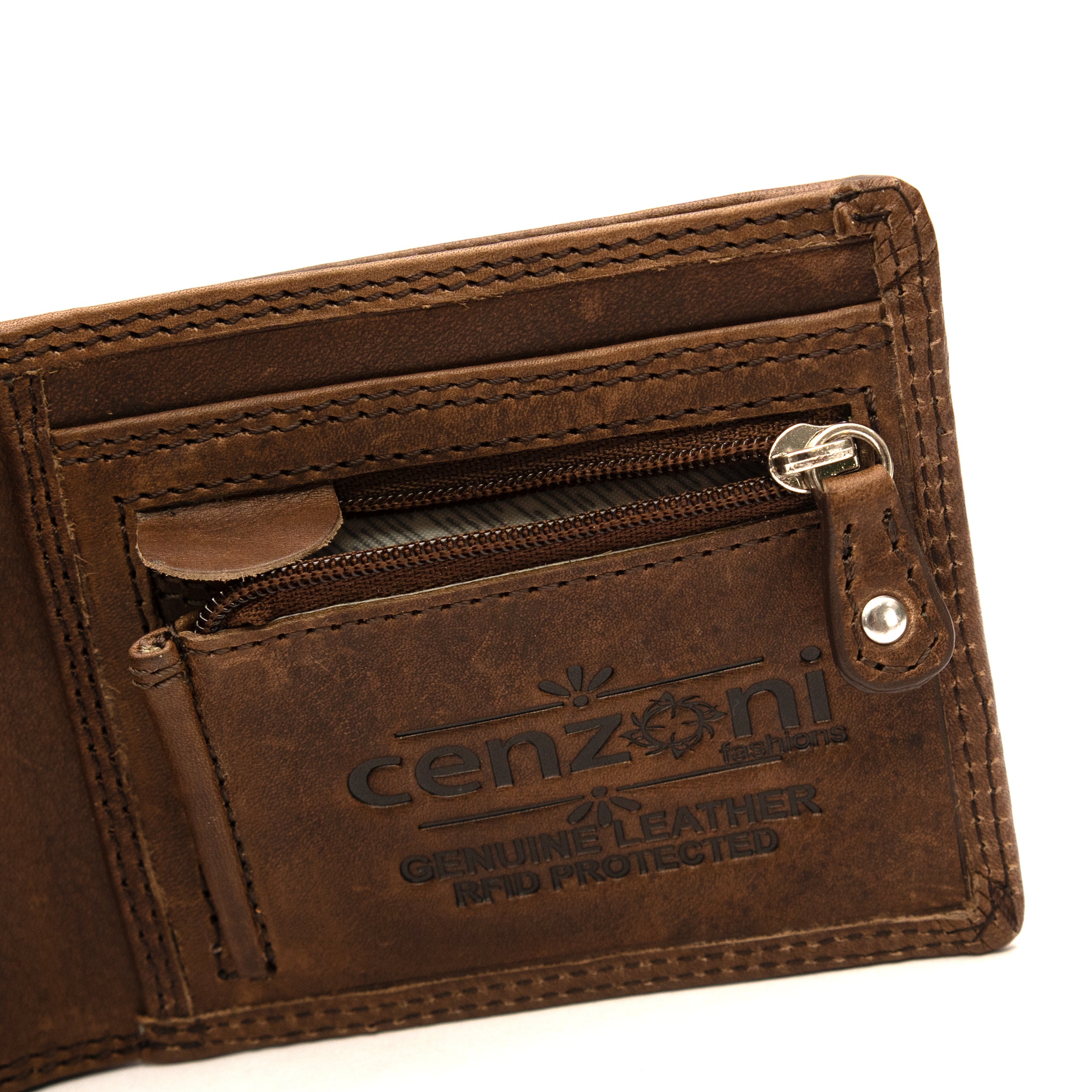 Men's brown leather wallet zip pocket