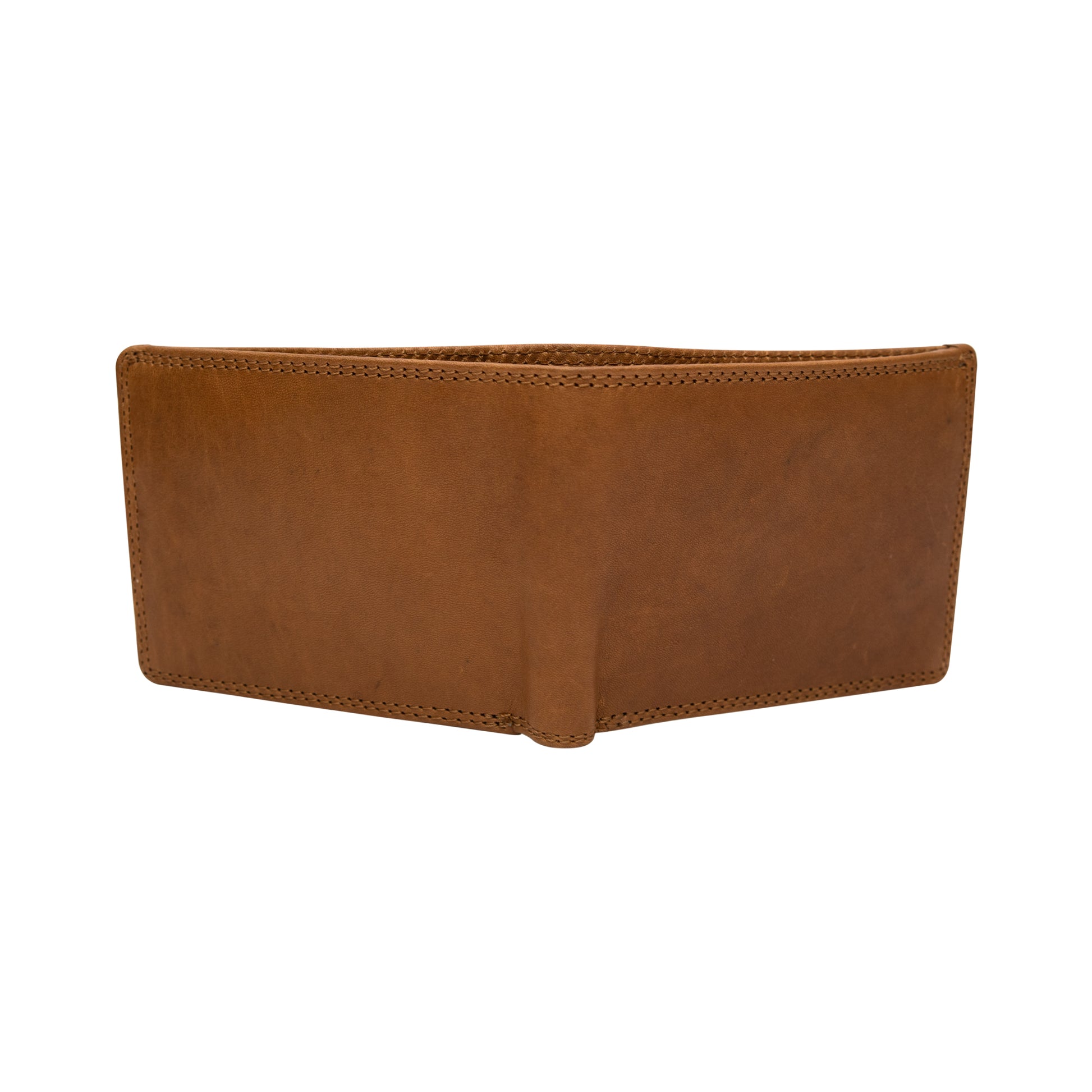 Men's tan leather wallet full back and front view