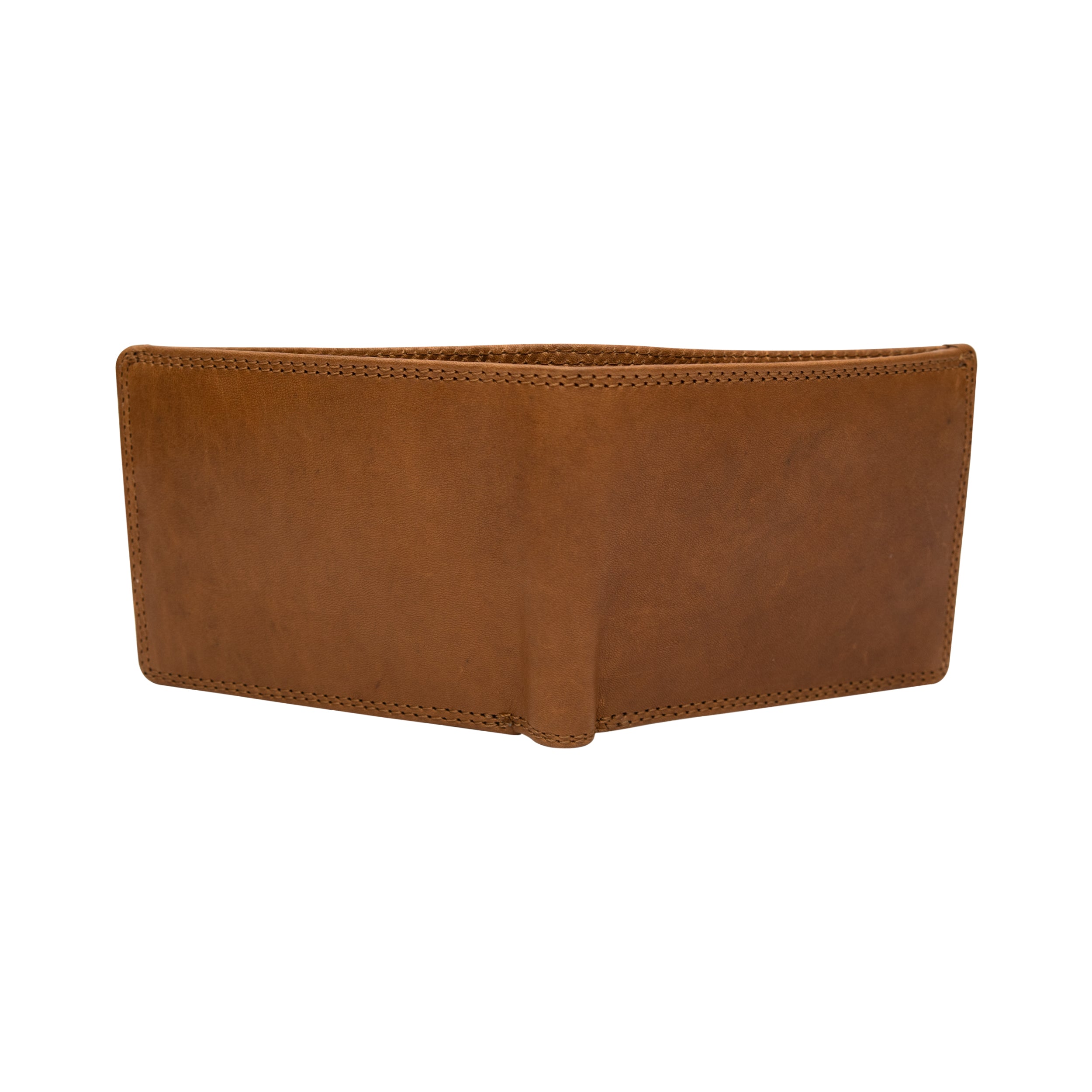 Men's tan leather wallet full back and front view