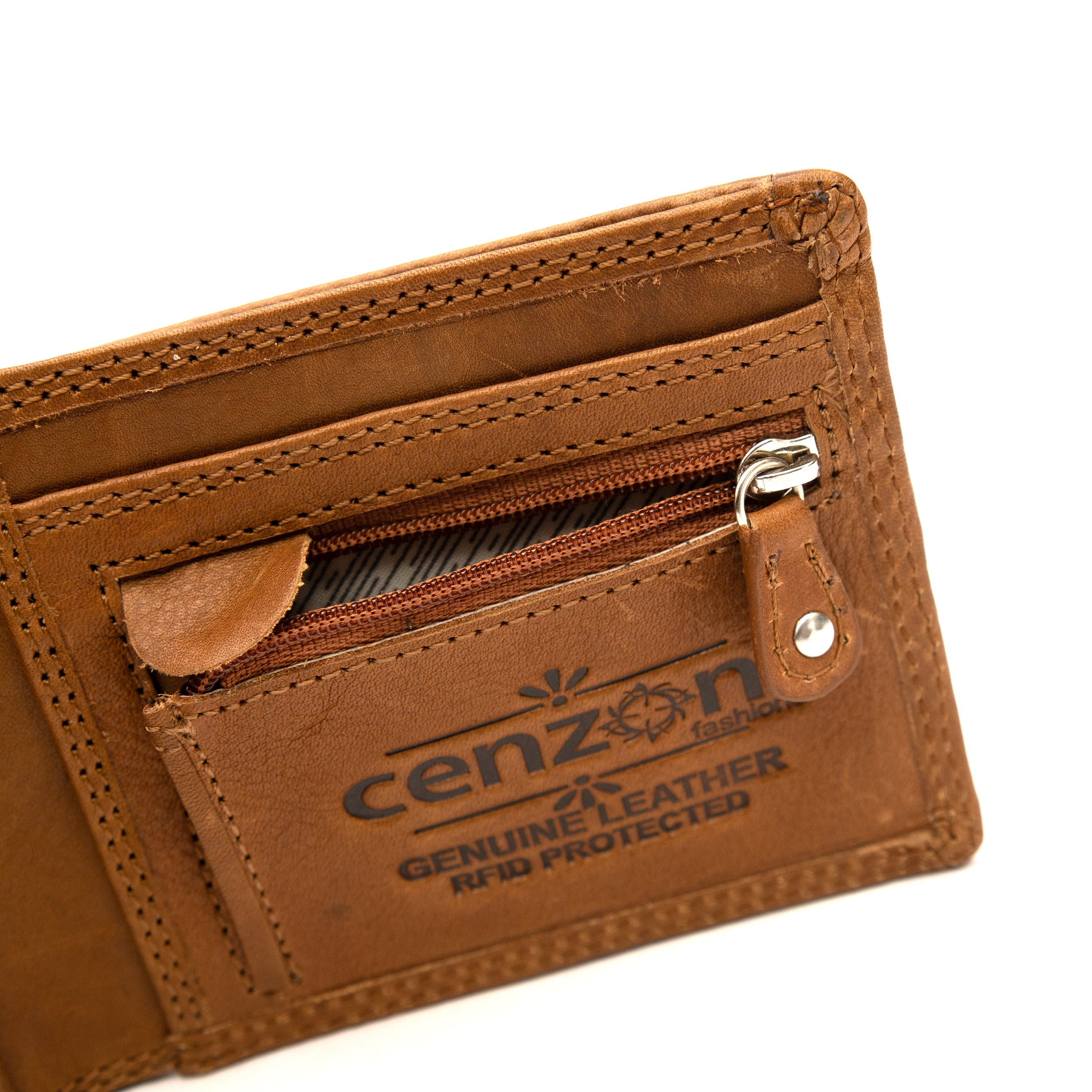 Men's tan leather wallet zip pocket