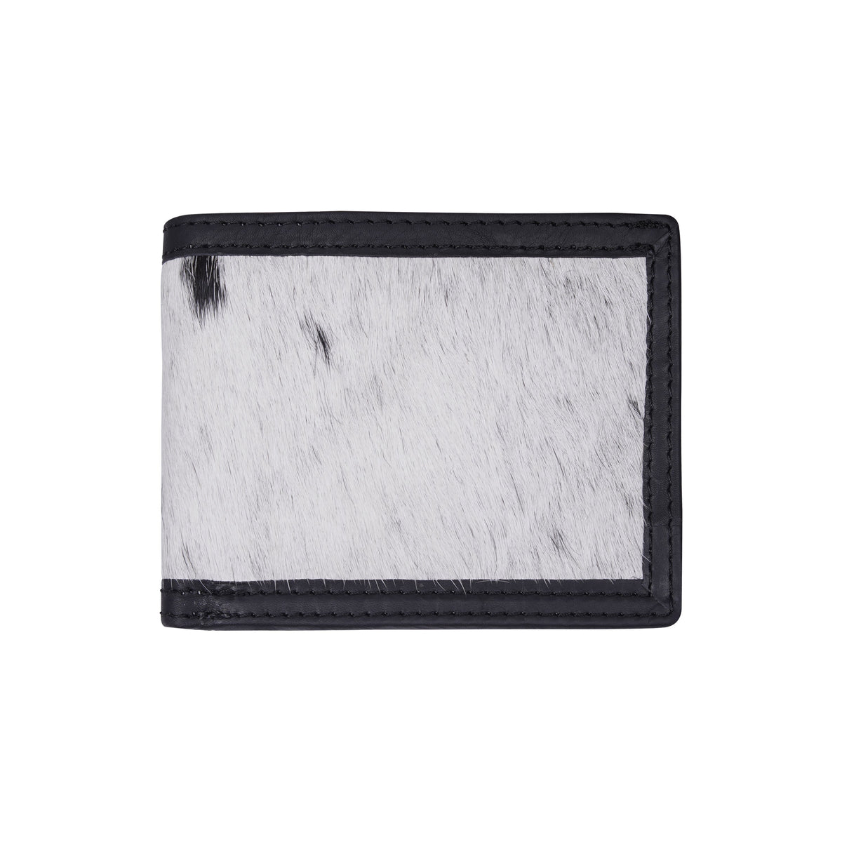 Black and white cowhide hair-on bi-fold wallet front view