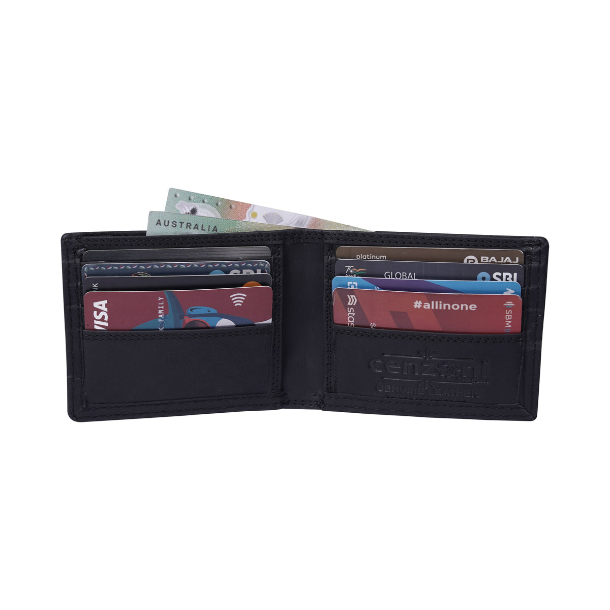 Open leather wallet showing card slots and cash compartment