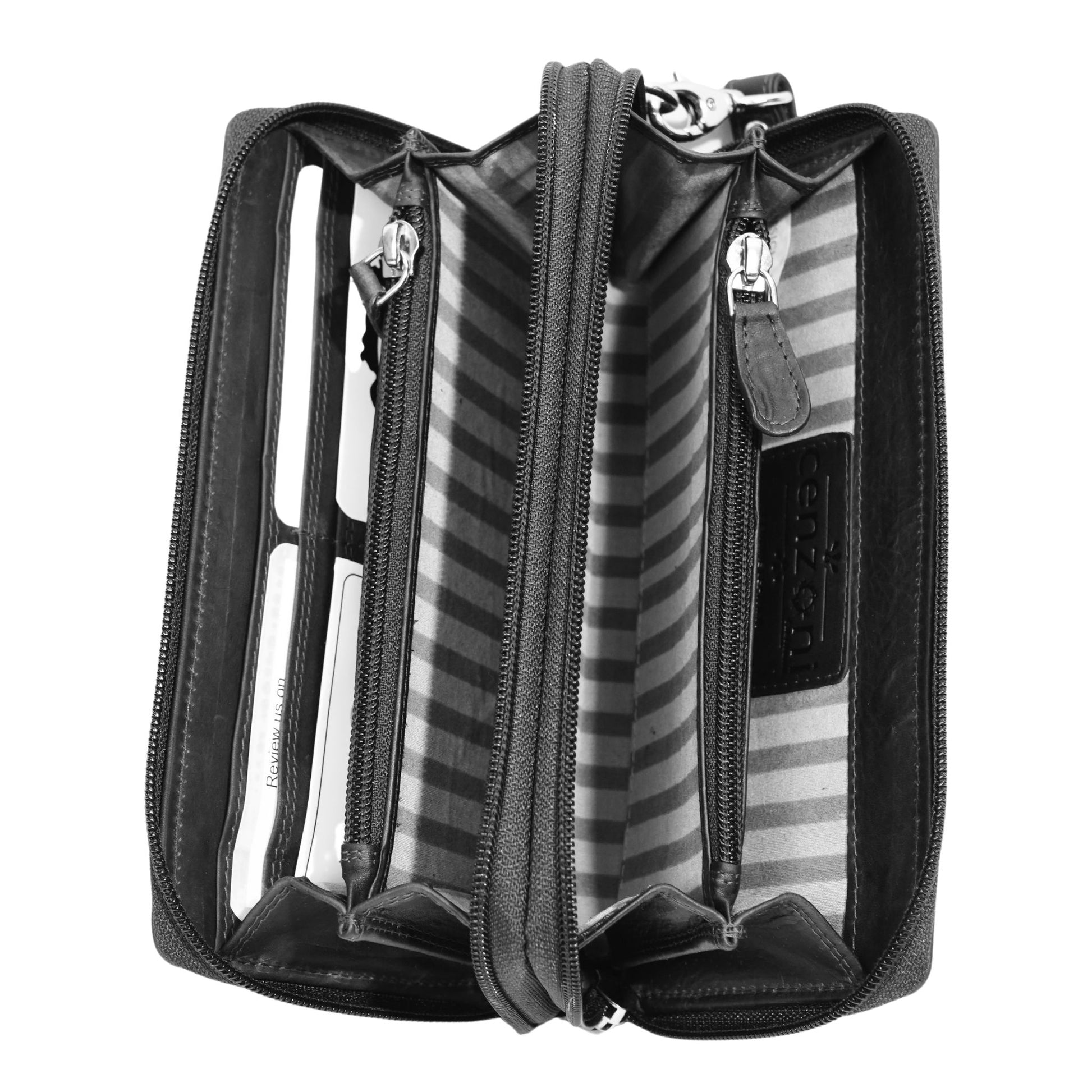 Black zip wallet open view