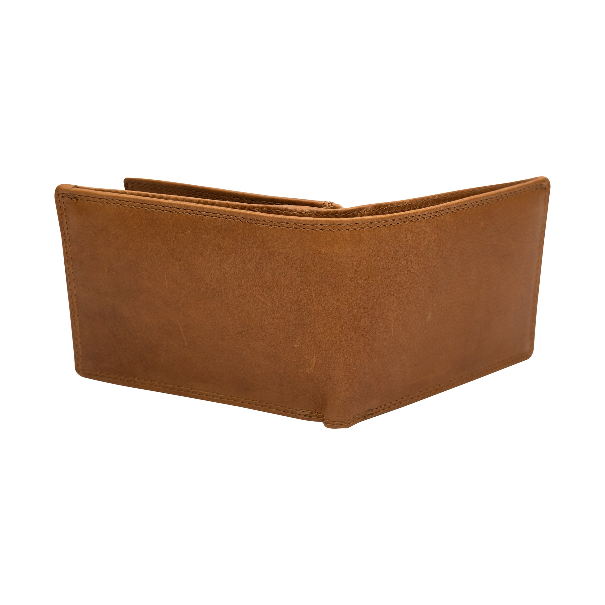 Men's tan leather wallet full view front and back