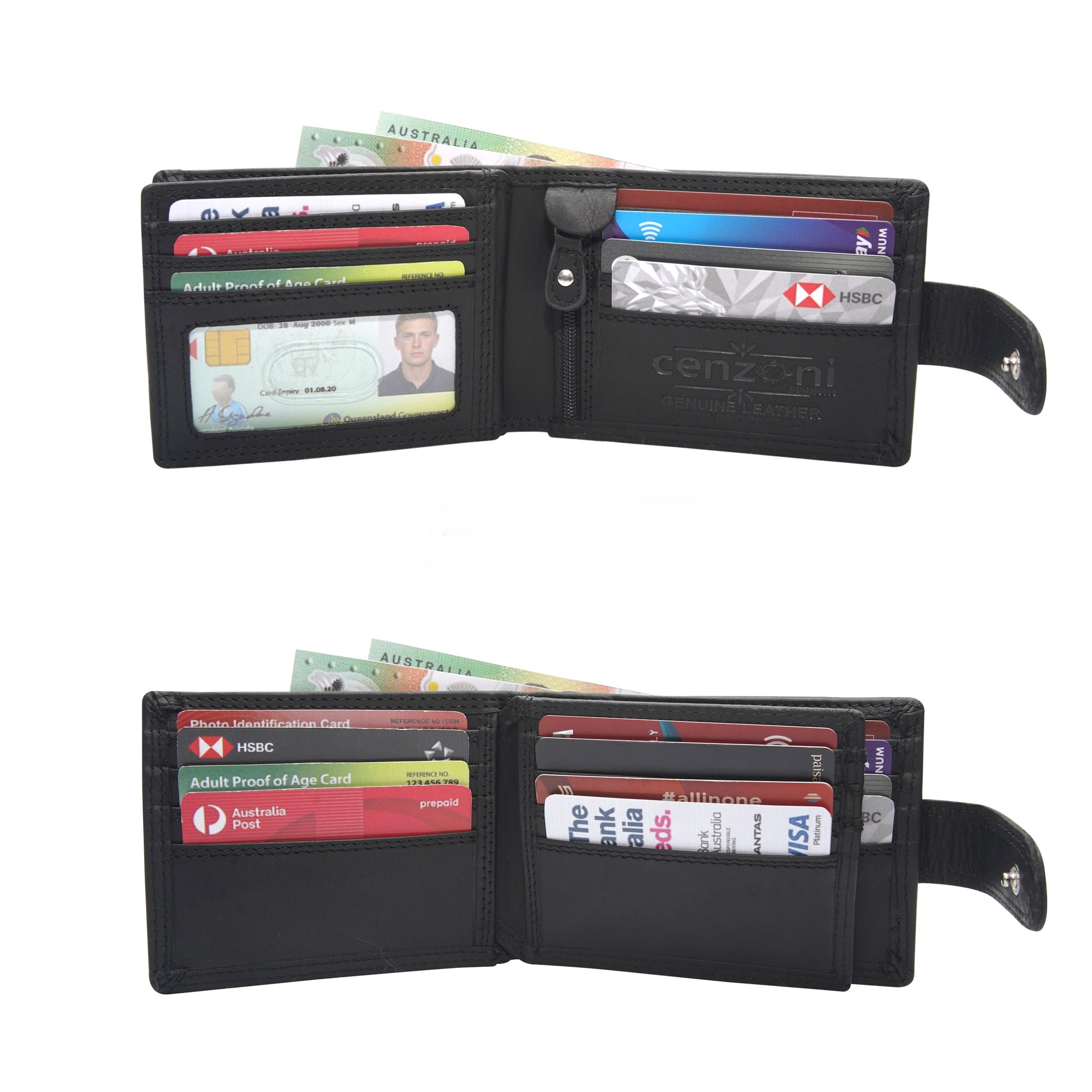 Cenzoni black leather wallet open showing card slots, ID window, and cash compartments with Australian currency and bank cards