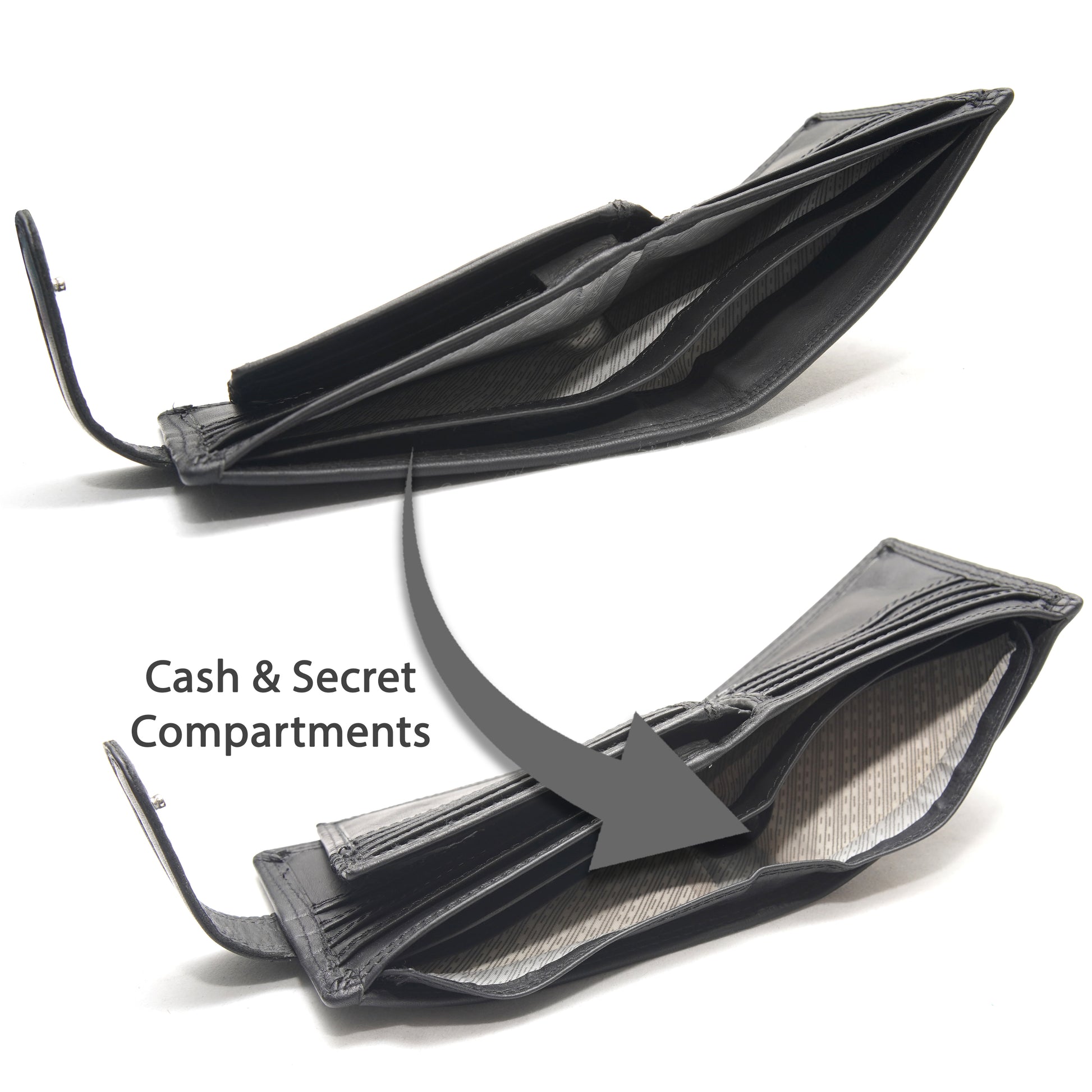 Cenzoni black leather wallet open displaying cash and secret compartments inside with RFID protection lining
