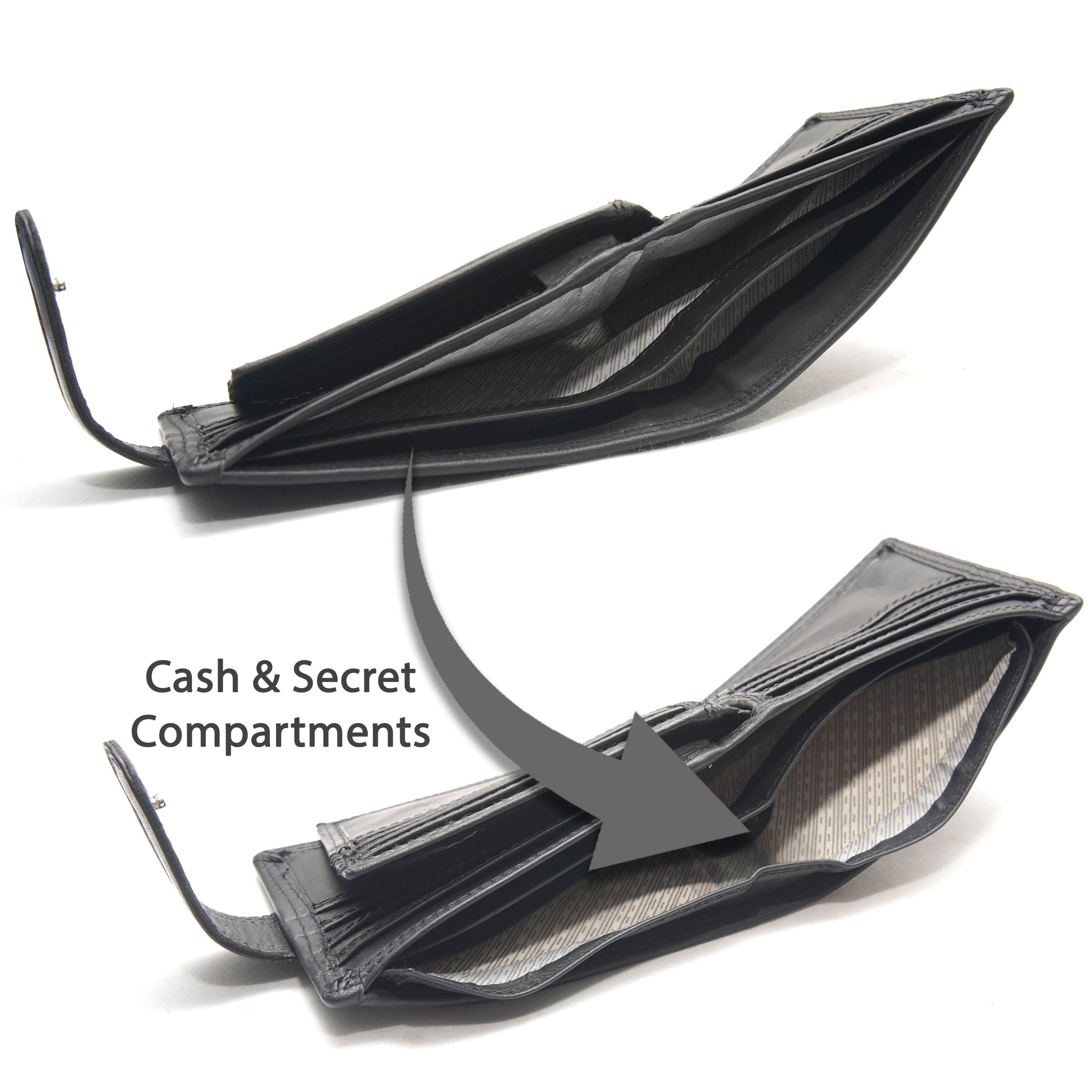 Cenzoni black leather wallet open displaying cash and secret compartments inside with RFID protection lining