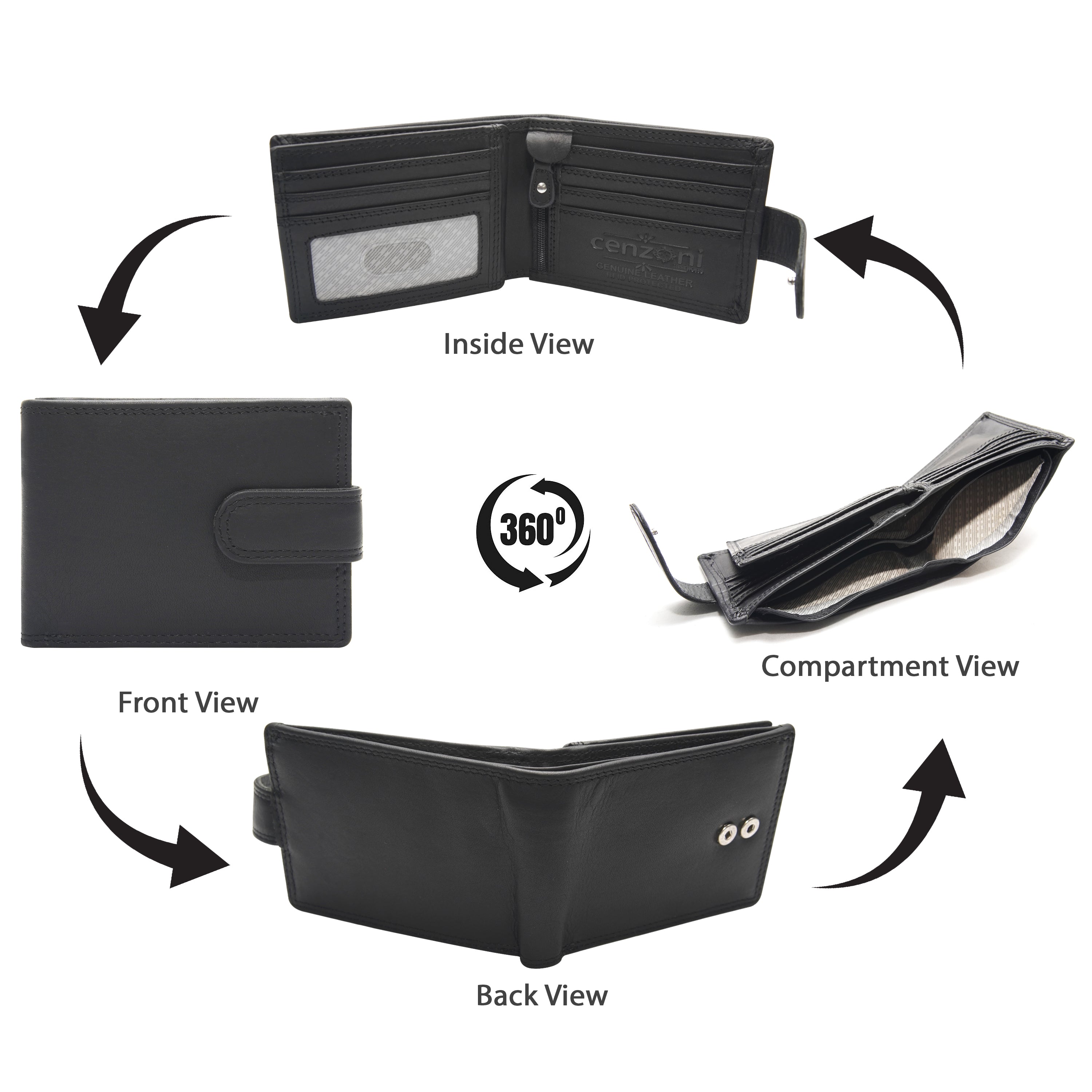 Cenzoni black leather bifold wallet 360-degree view showing front, inside, compartment, and back views with button closure