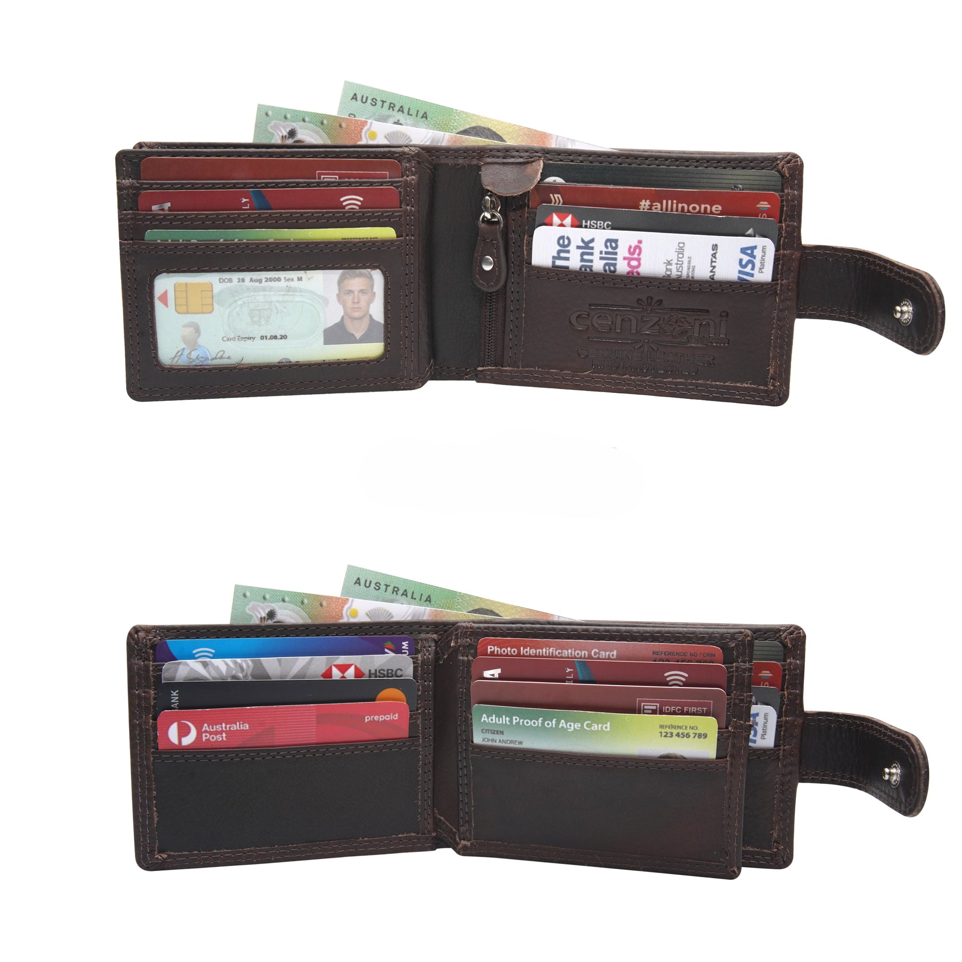 Cenzoni brown leather wallet open showing card slots, ID window, and cash compartments with Australian currency and bank cards