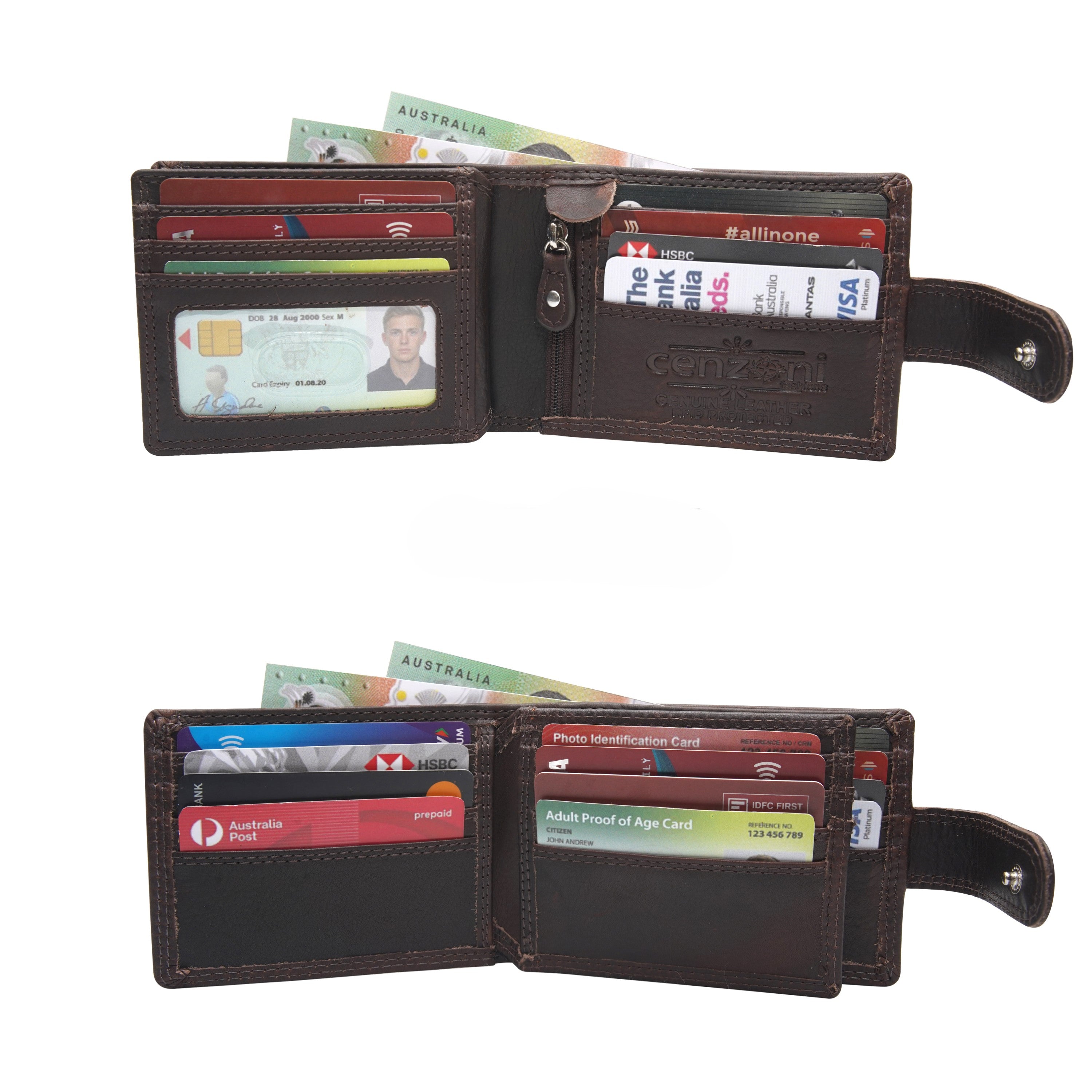 Cenzoni brown leather wallet open showing card slots, ID window, and cash compartments with Australian currency and bank cards
