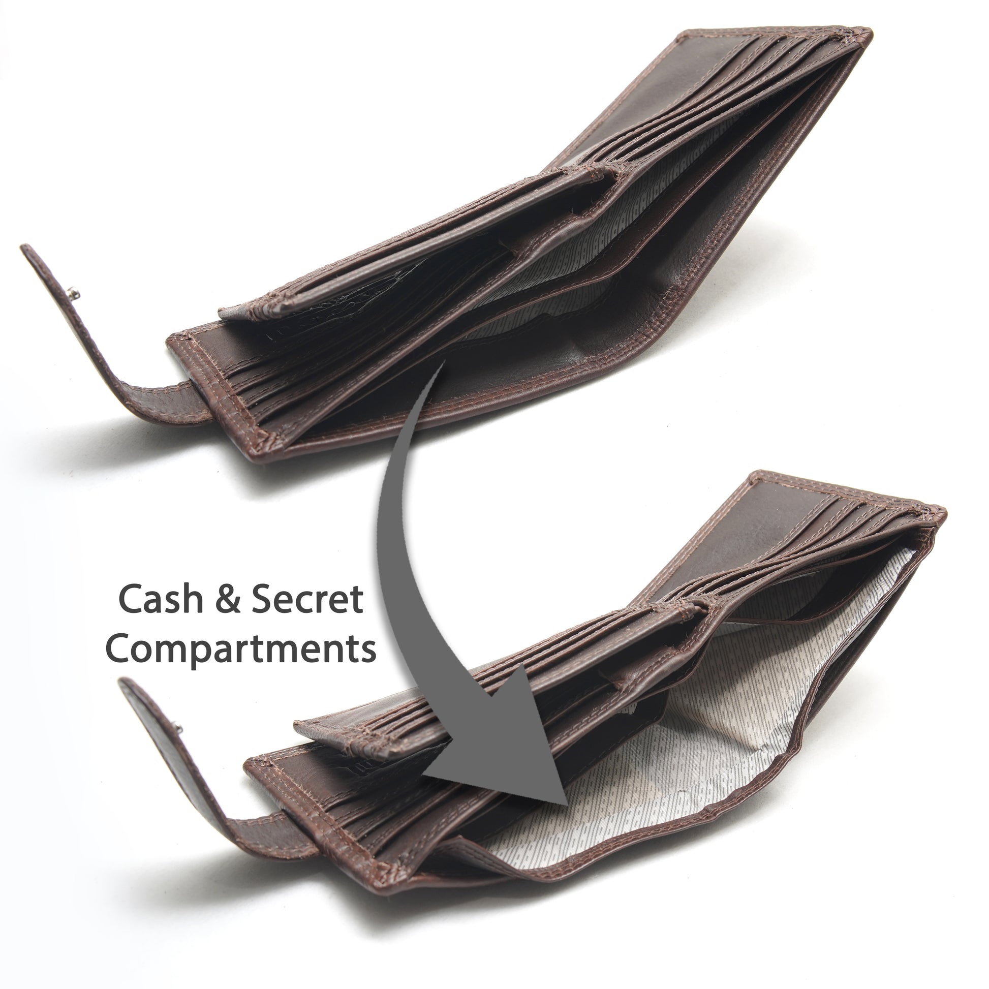Cenzoni brown leather wallet open displaying cash and secret compartments inside with RFID protection lining