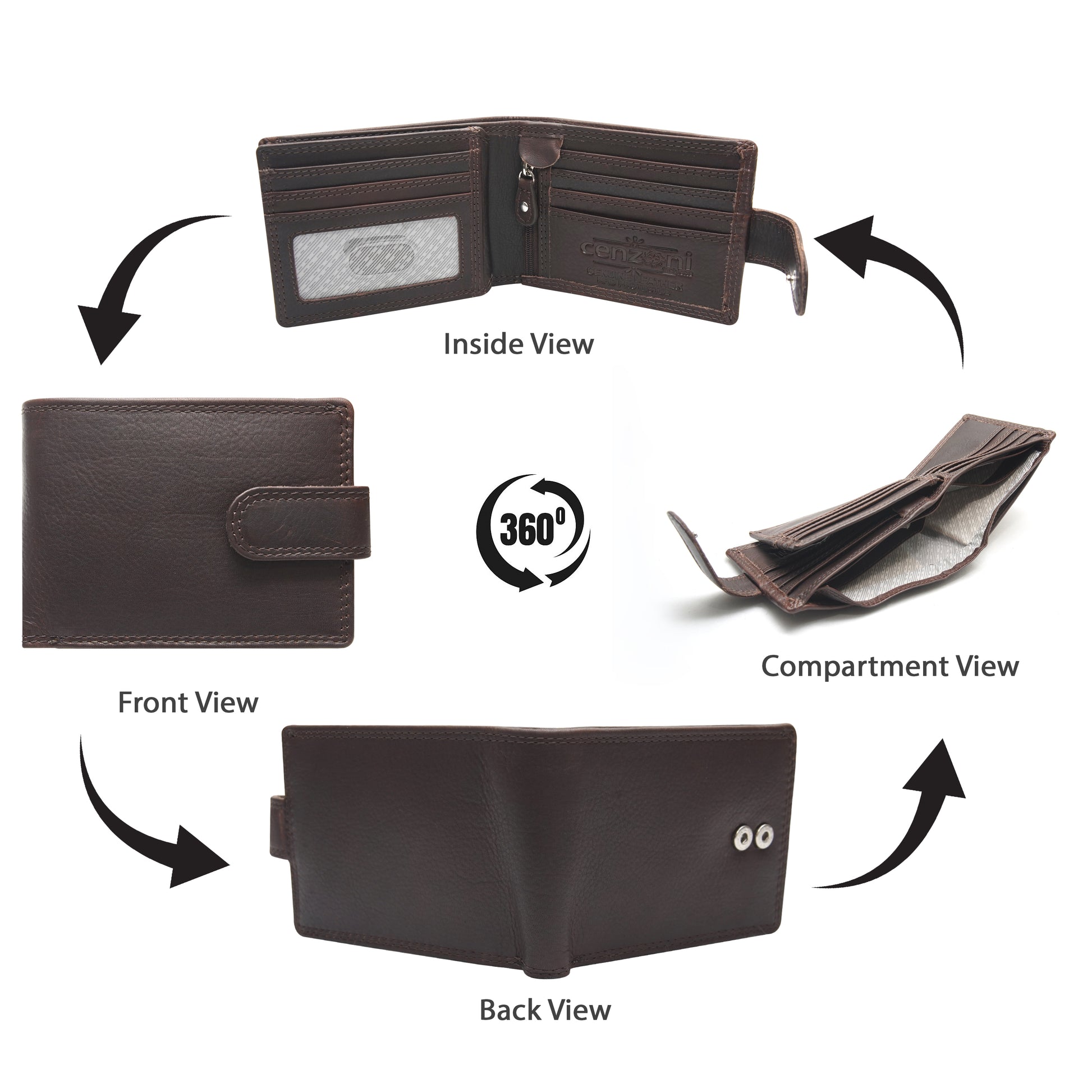 Cenzoni brown leather bifold wallet 360-degree view showing front, inside, compartment, and back views with button closure