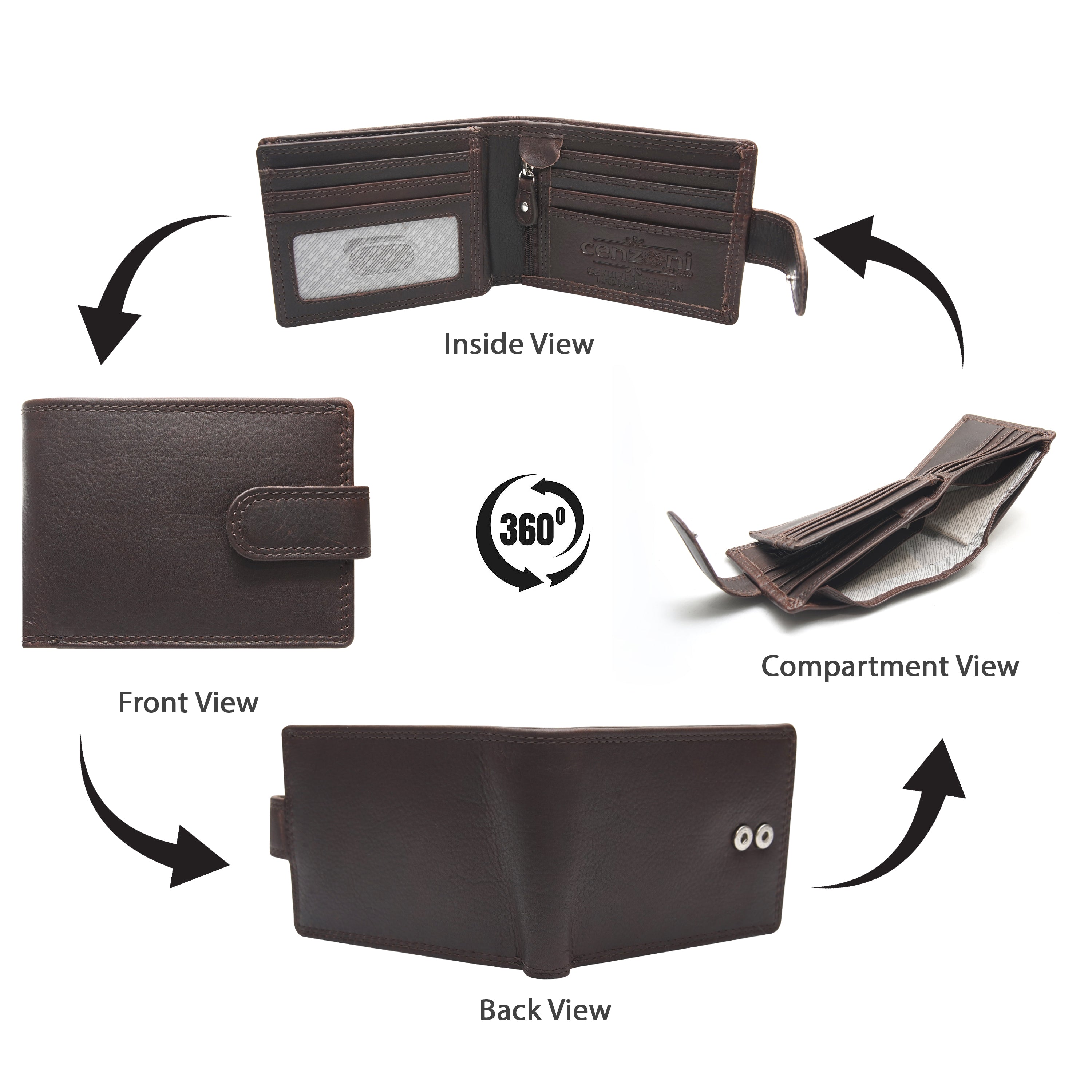 Cenzoni brown leather bifold wallet 360-degree view showing front, inside, compartment, and back views with button closure
