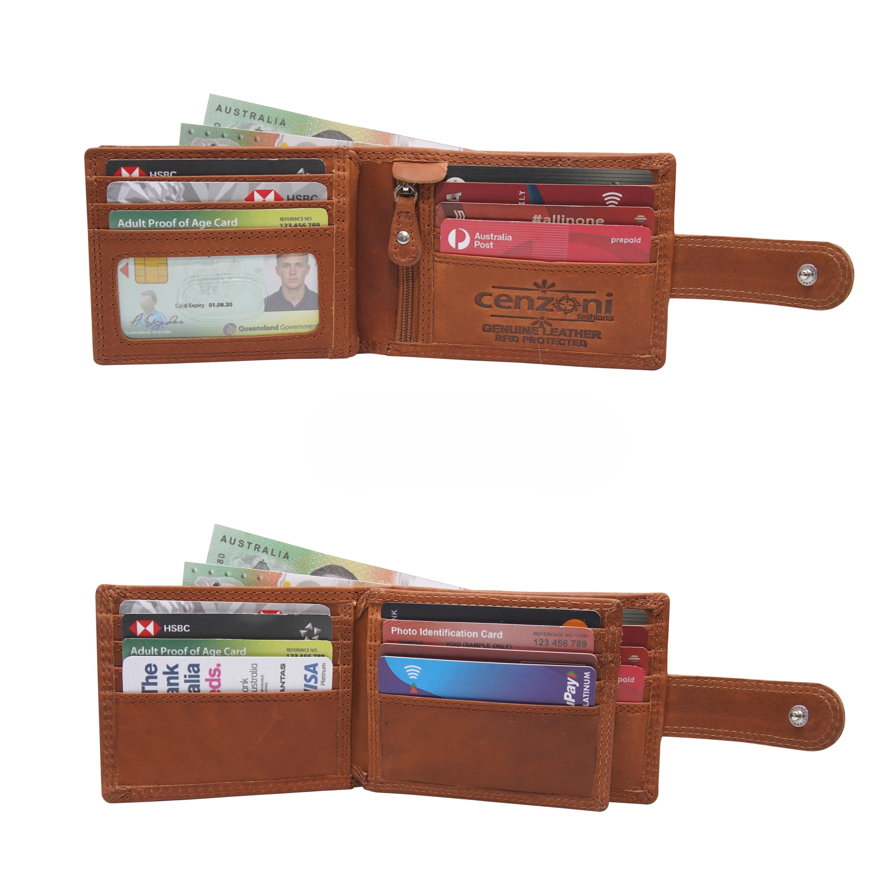 Cenzoni tan leather wallet open showing card slots, ID window, and cash compartments with Australian currency and bank cards