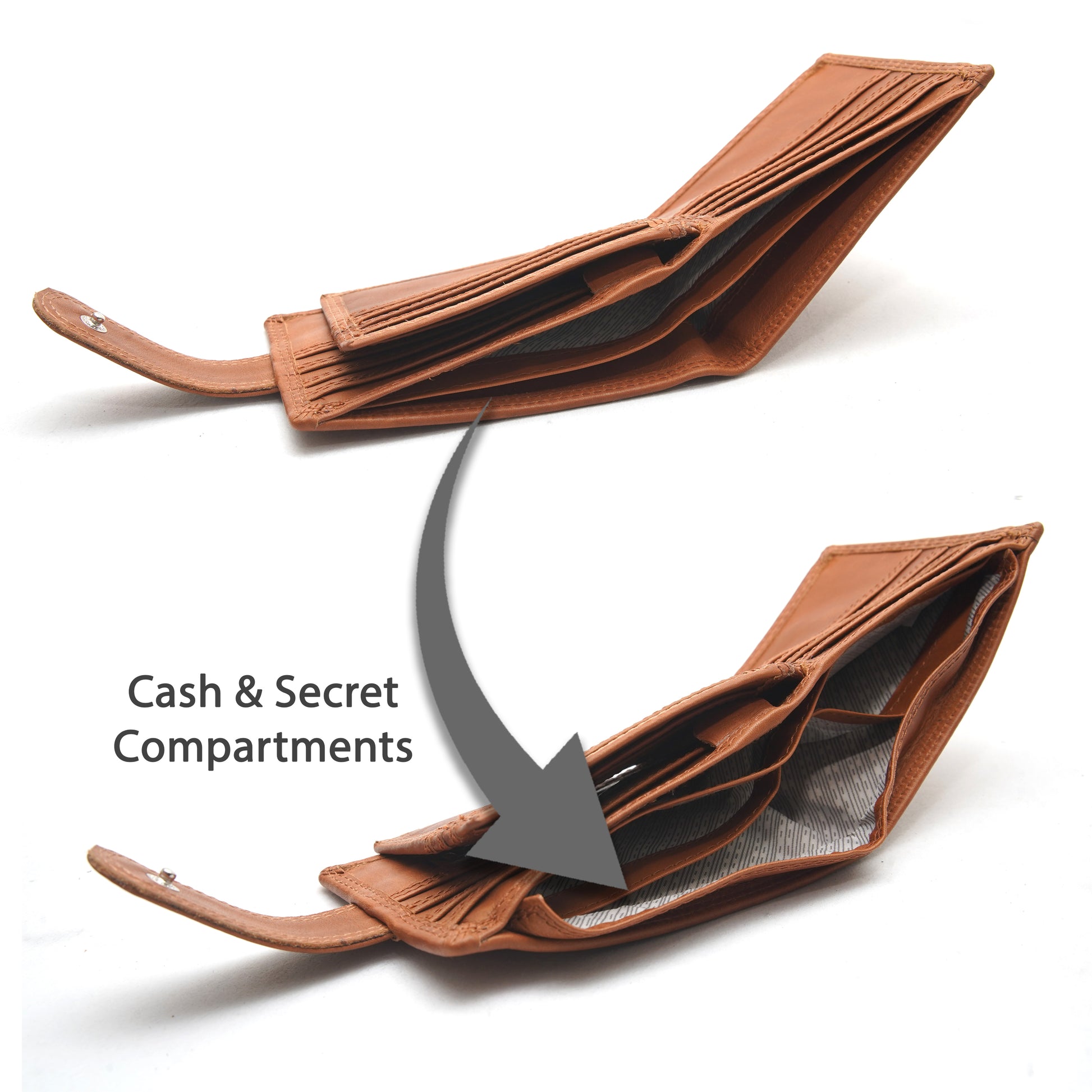 Cenzoni tan leather wallet open displaying cash and secret compartments inside with RFID protection lining