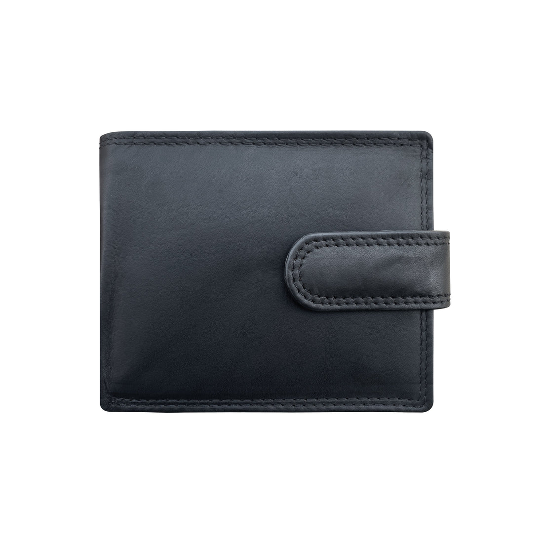 Black genuine leather RFID bi-fold wallet with tab closure, front view