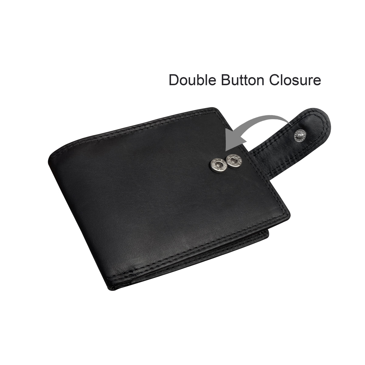 Double button closure on black leather wallet