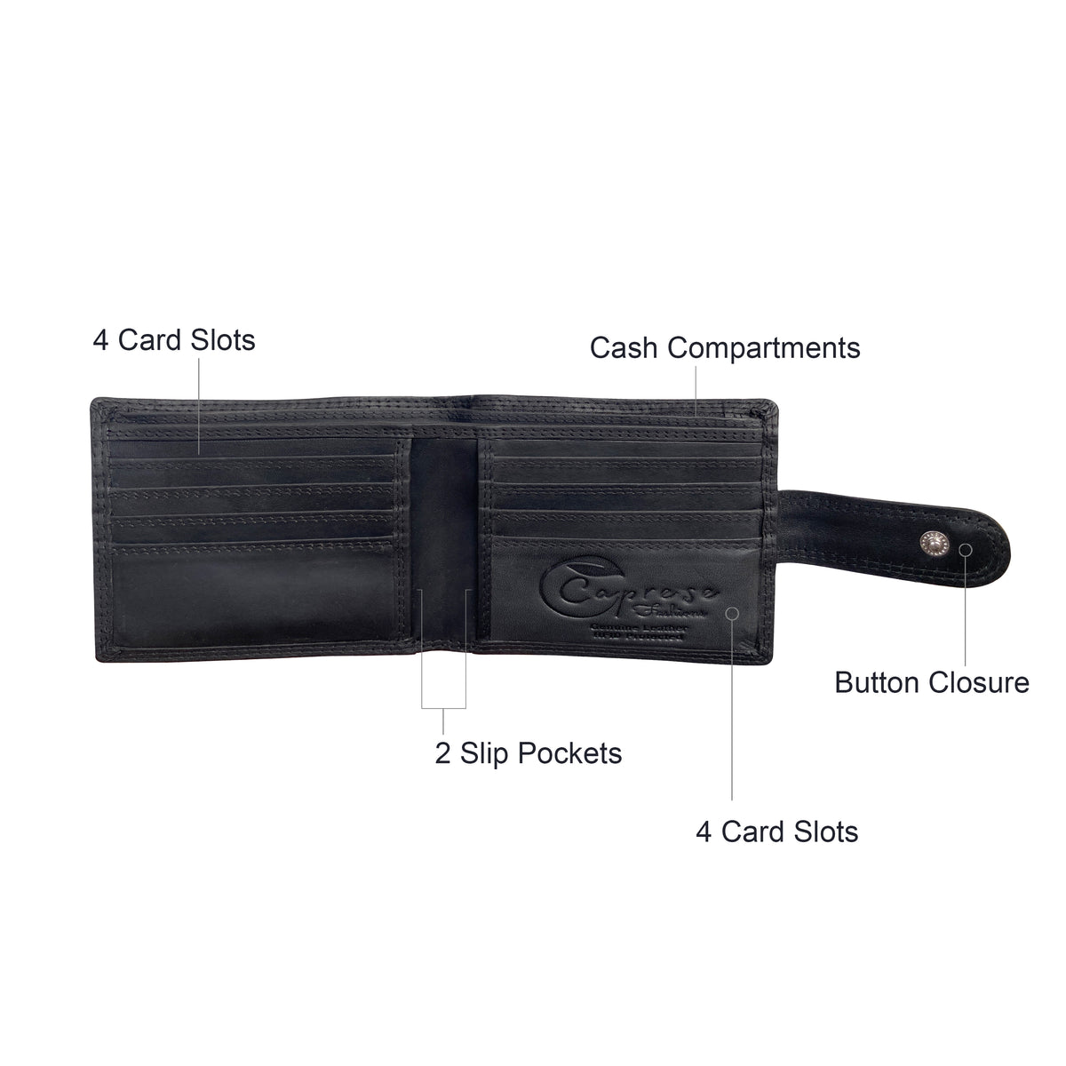 Open wallet showing 8 card slots, 2 slip pockets and cash compartments