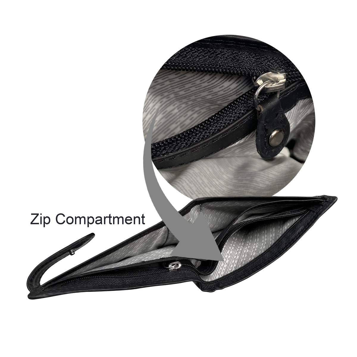 Zip note compartment inside black leather wallet