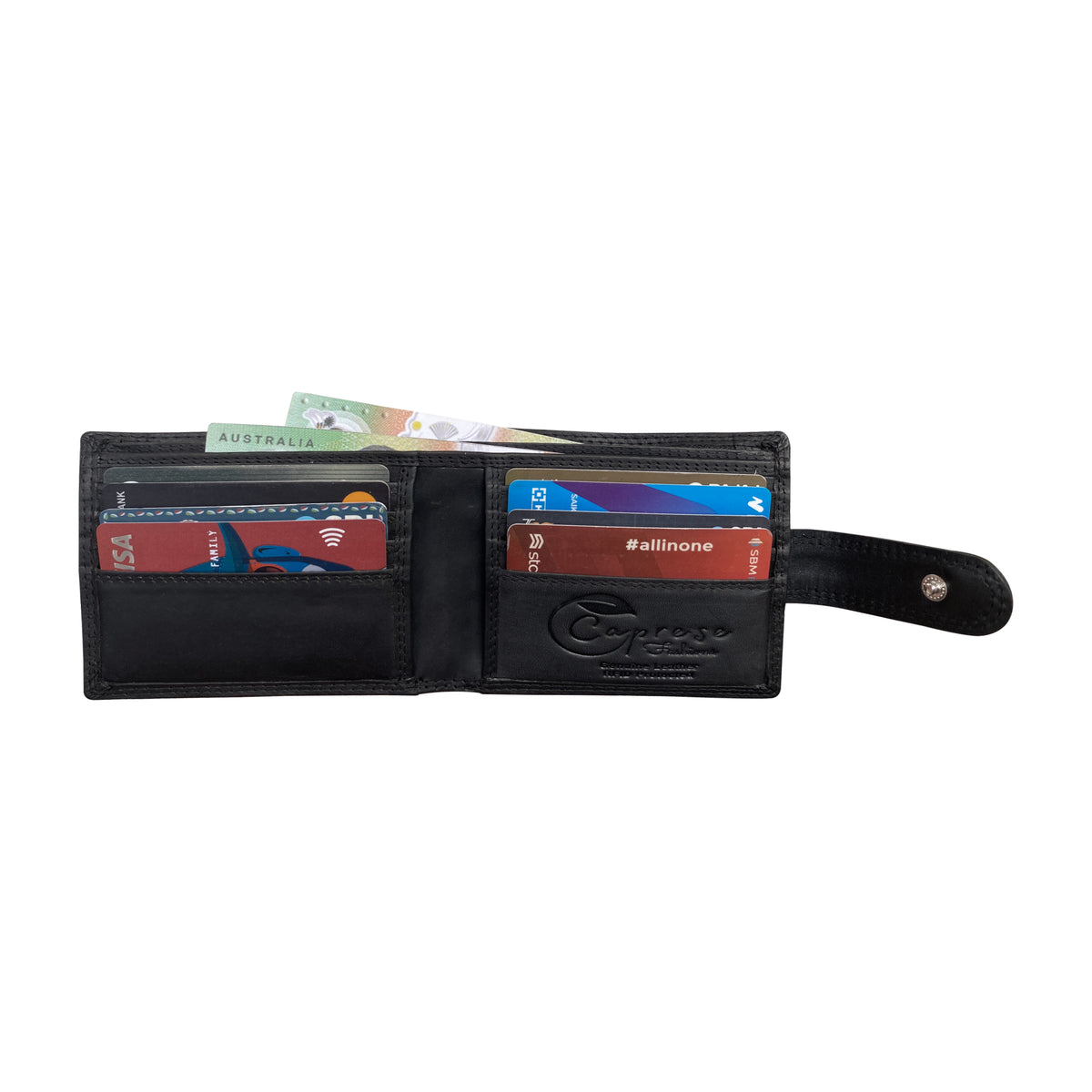 Black leather wallet filled with cards and cash