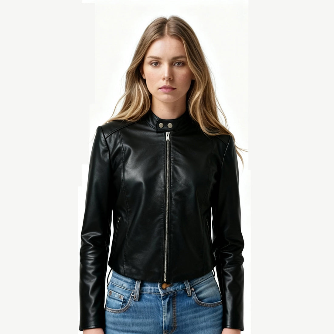 Woman wearing a black leather jacket and blue jeans on a white background