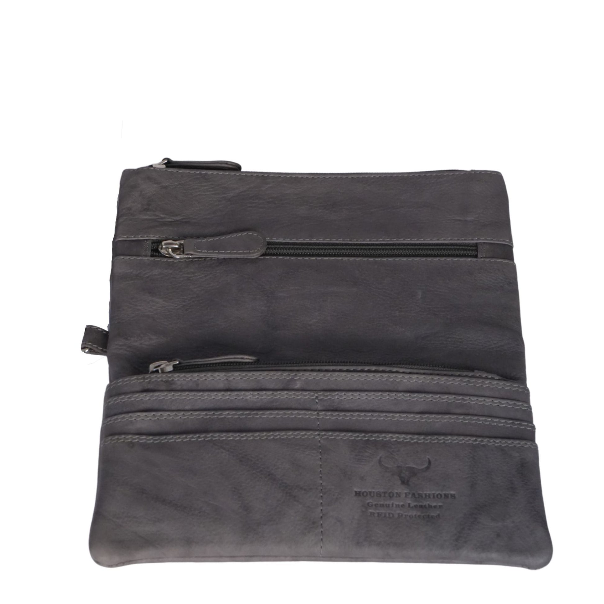 Grey leather flap over wallet open view