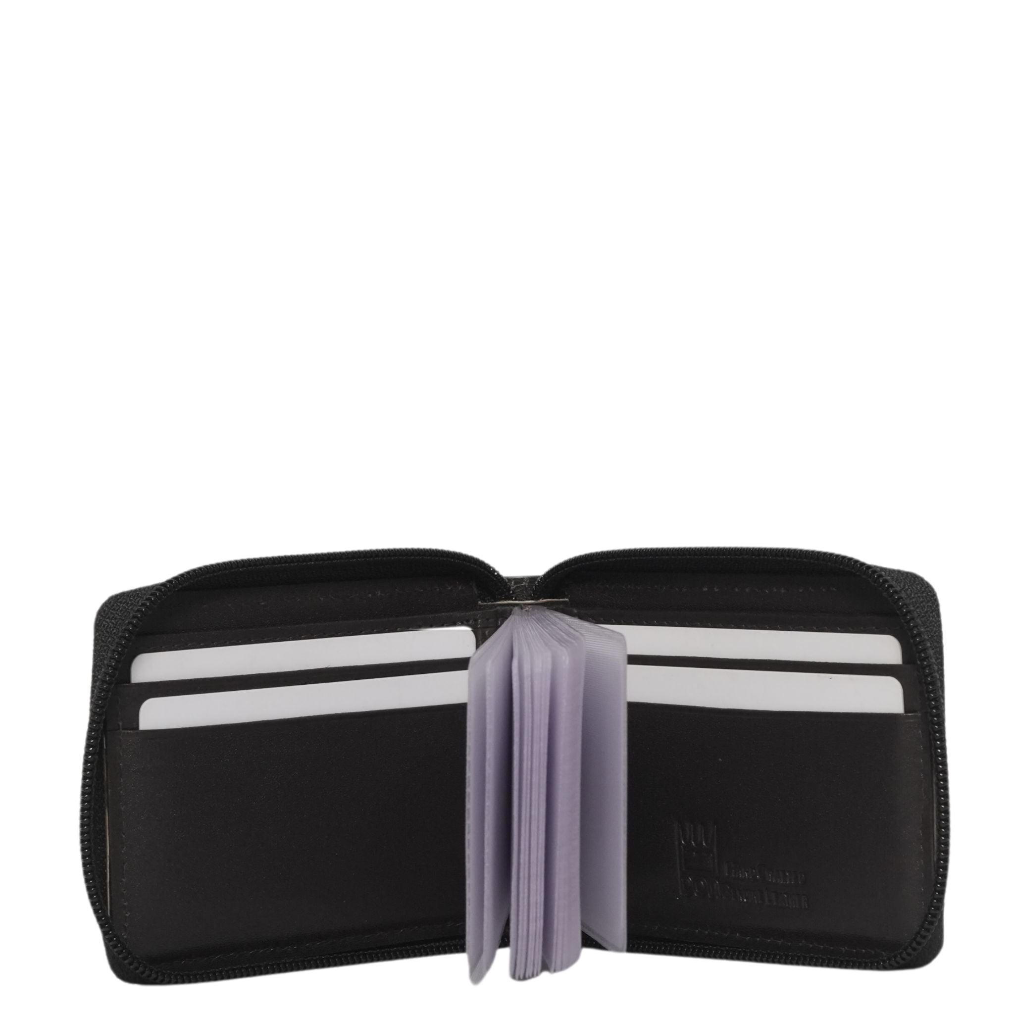 Black leather zip around card wallet open view