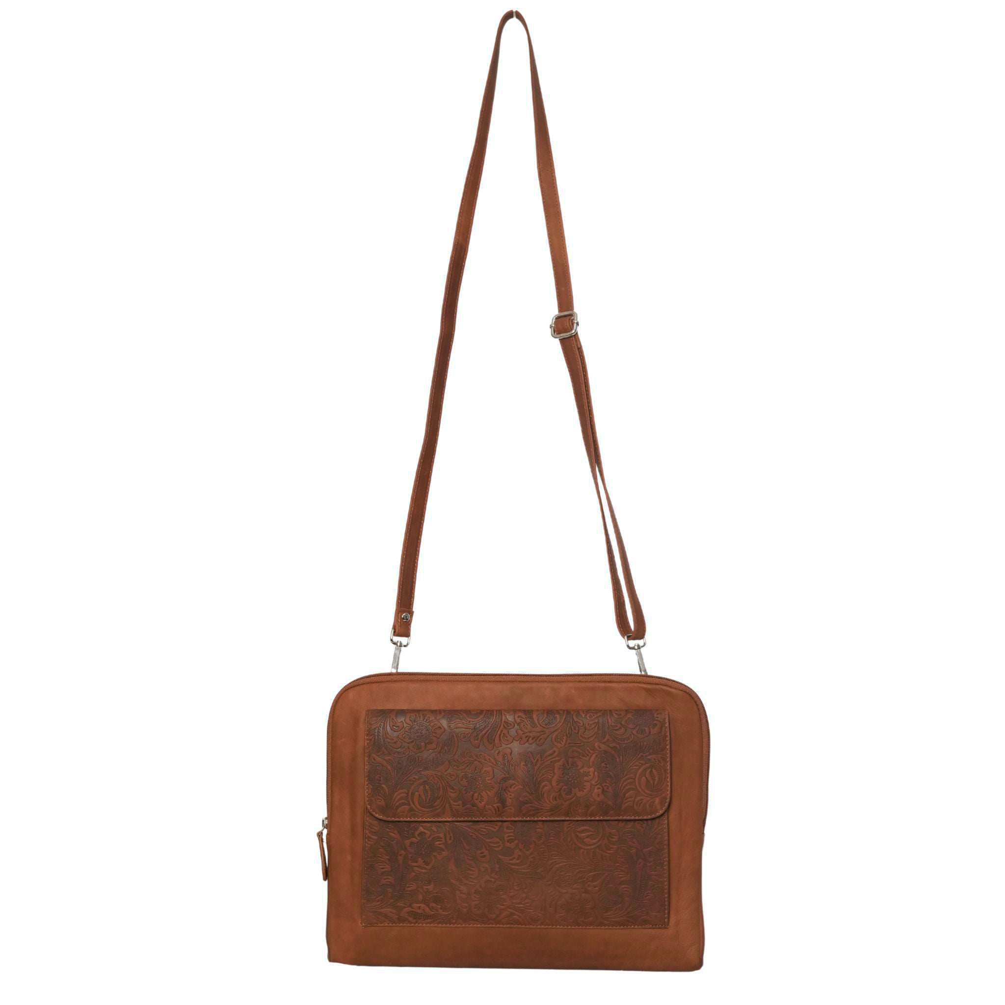 Tan  Floral Laptop Bag EOP536  front  full view with straps