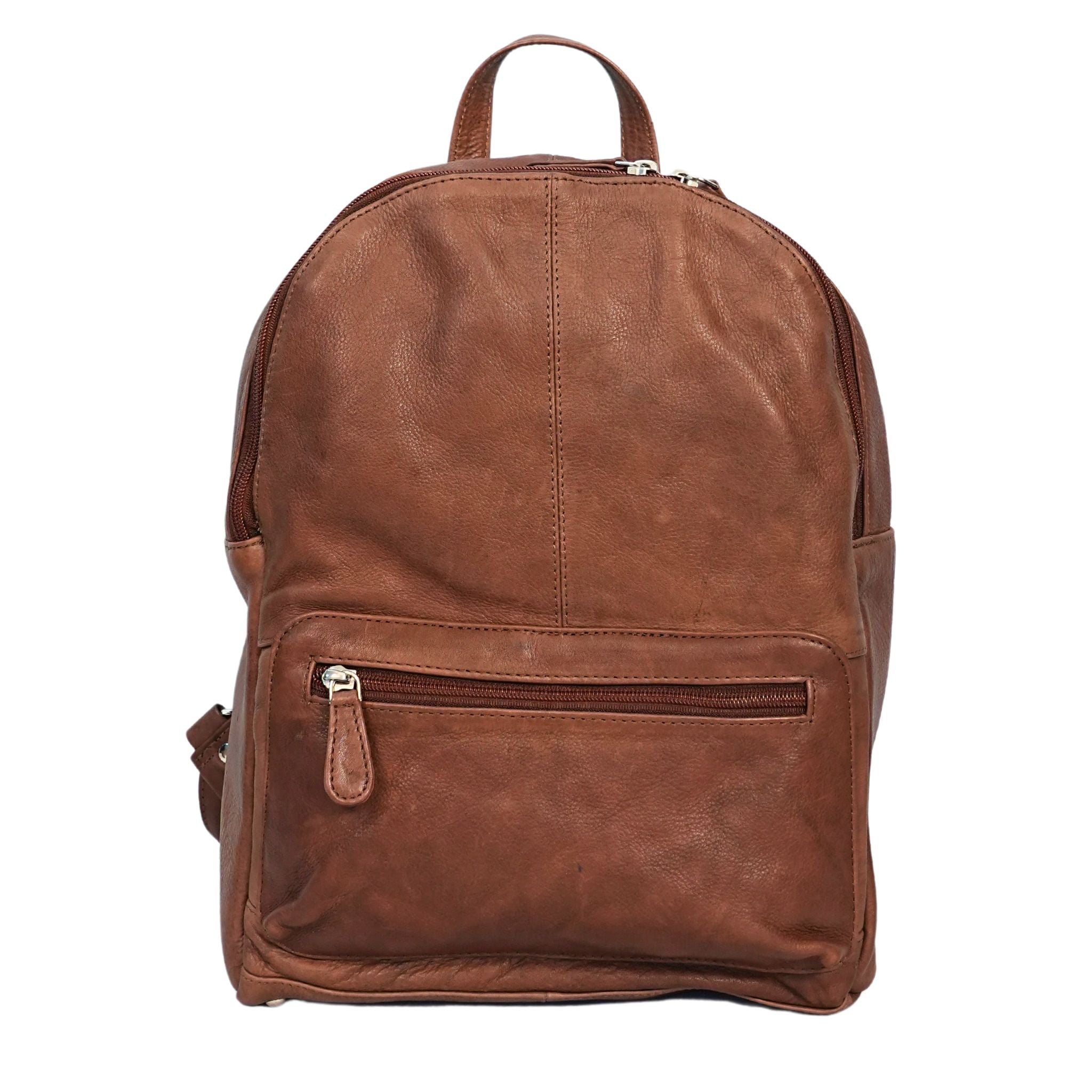 Brown leather medium backpack front view