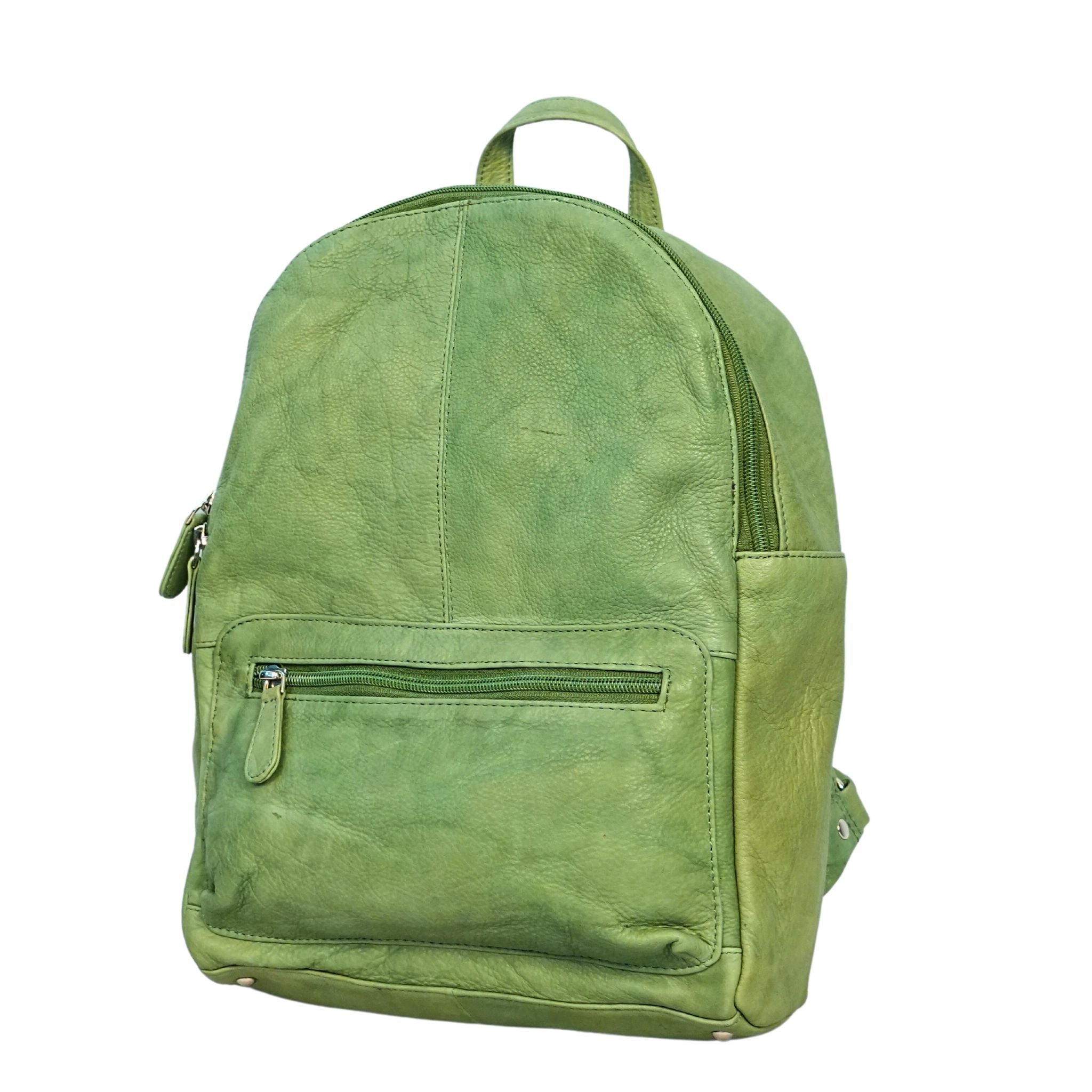 Green medium leather backpack side angle view