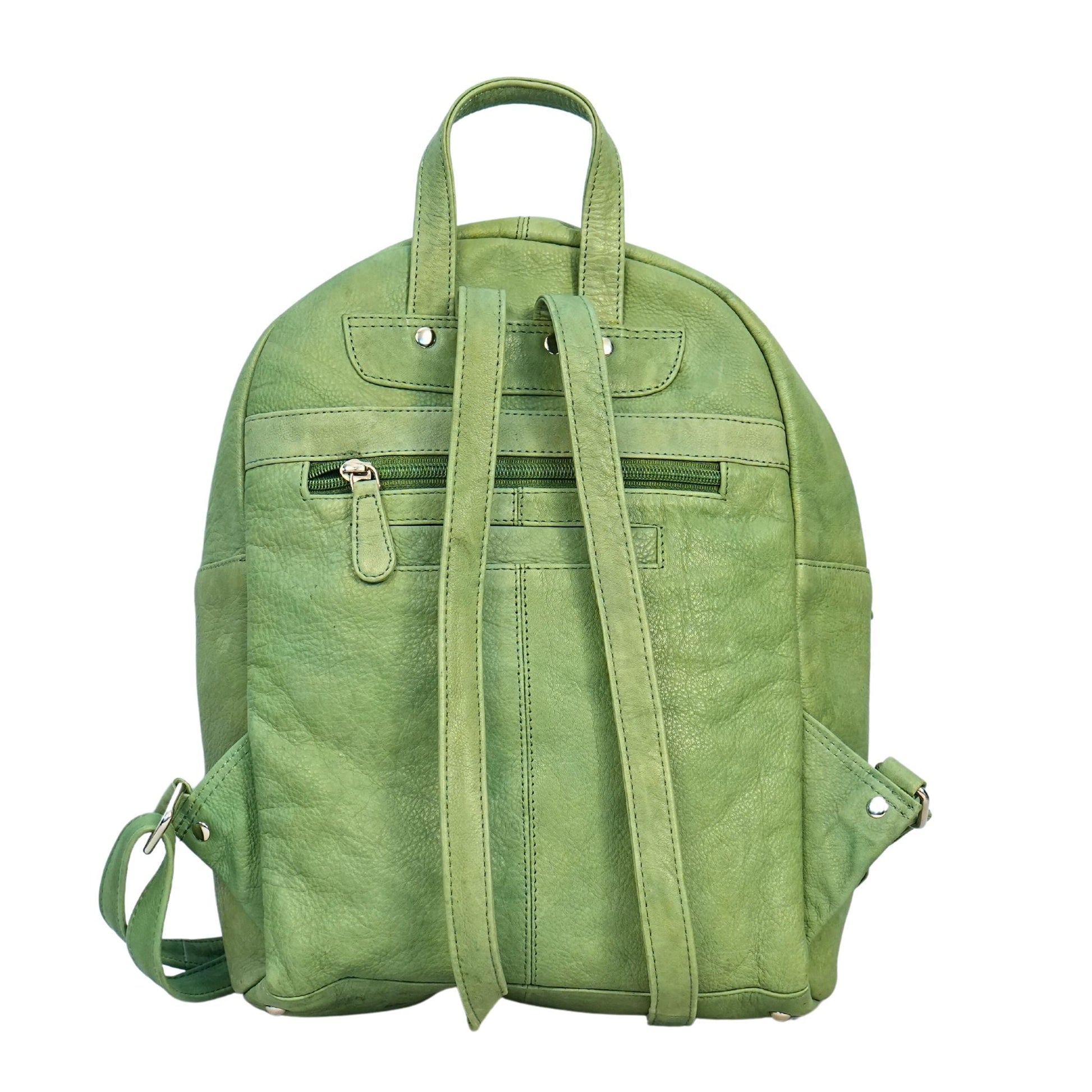 Green leather medium backpack backside view