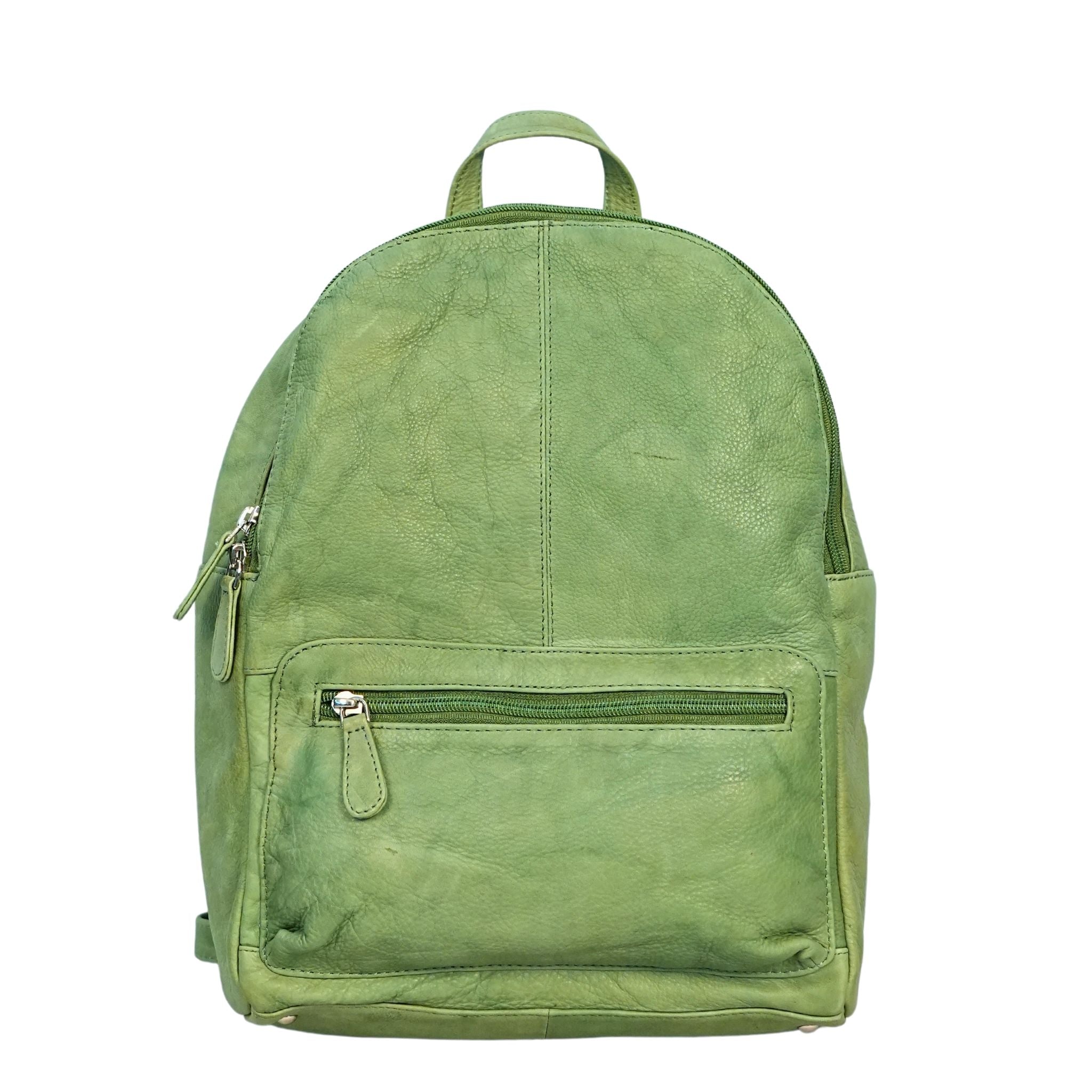 Green leather medium backpack front view
