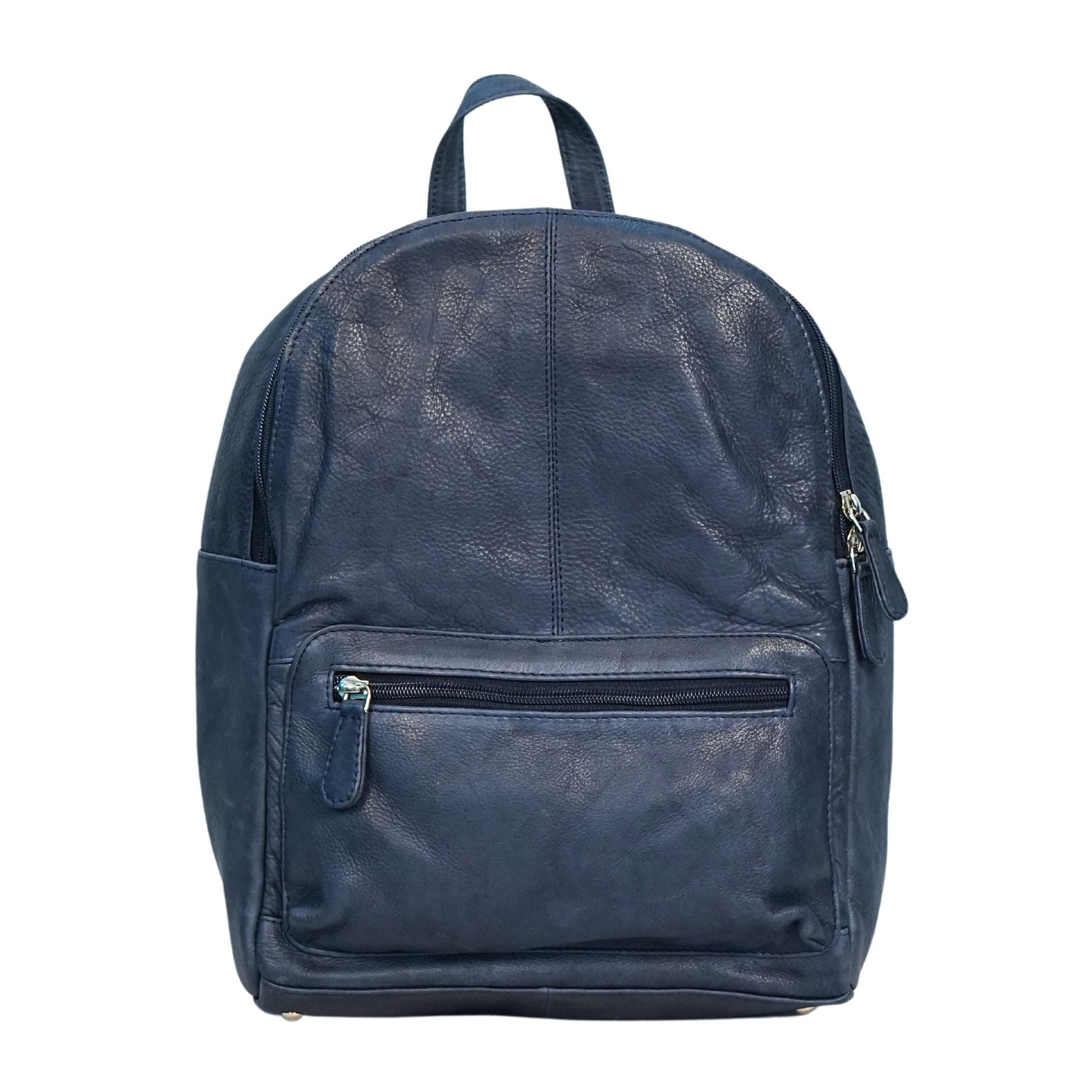 Navy  medium leather backpack front view