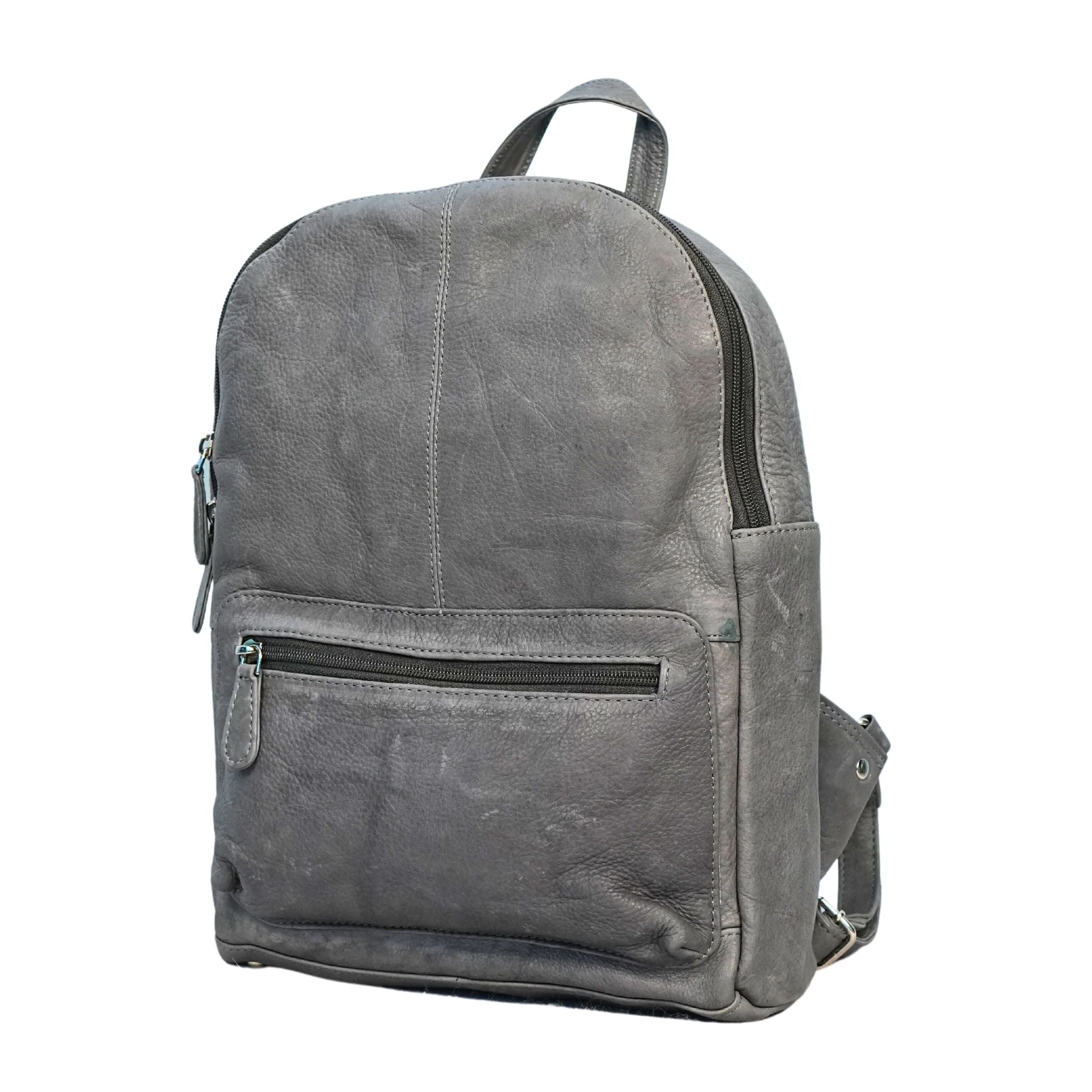 Grey leather backpack side angle view