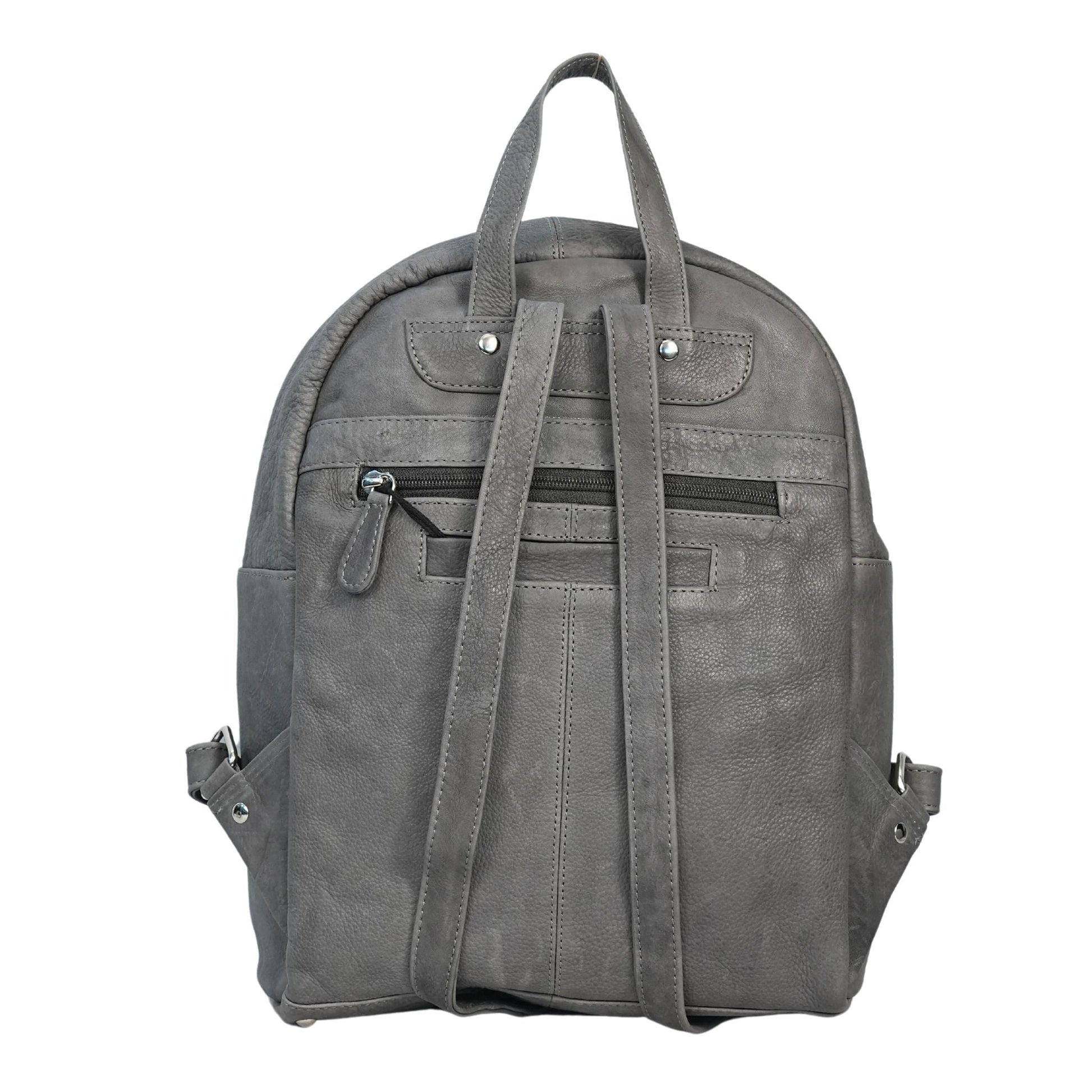 Grey leather backpack back view