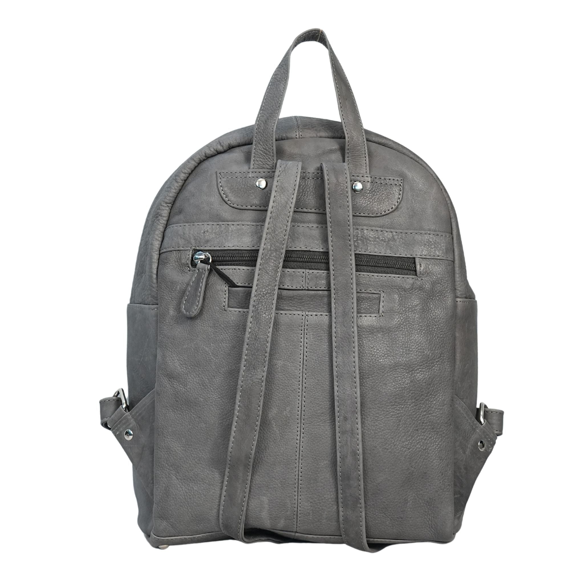 Grey leather backpack back view