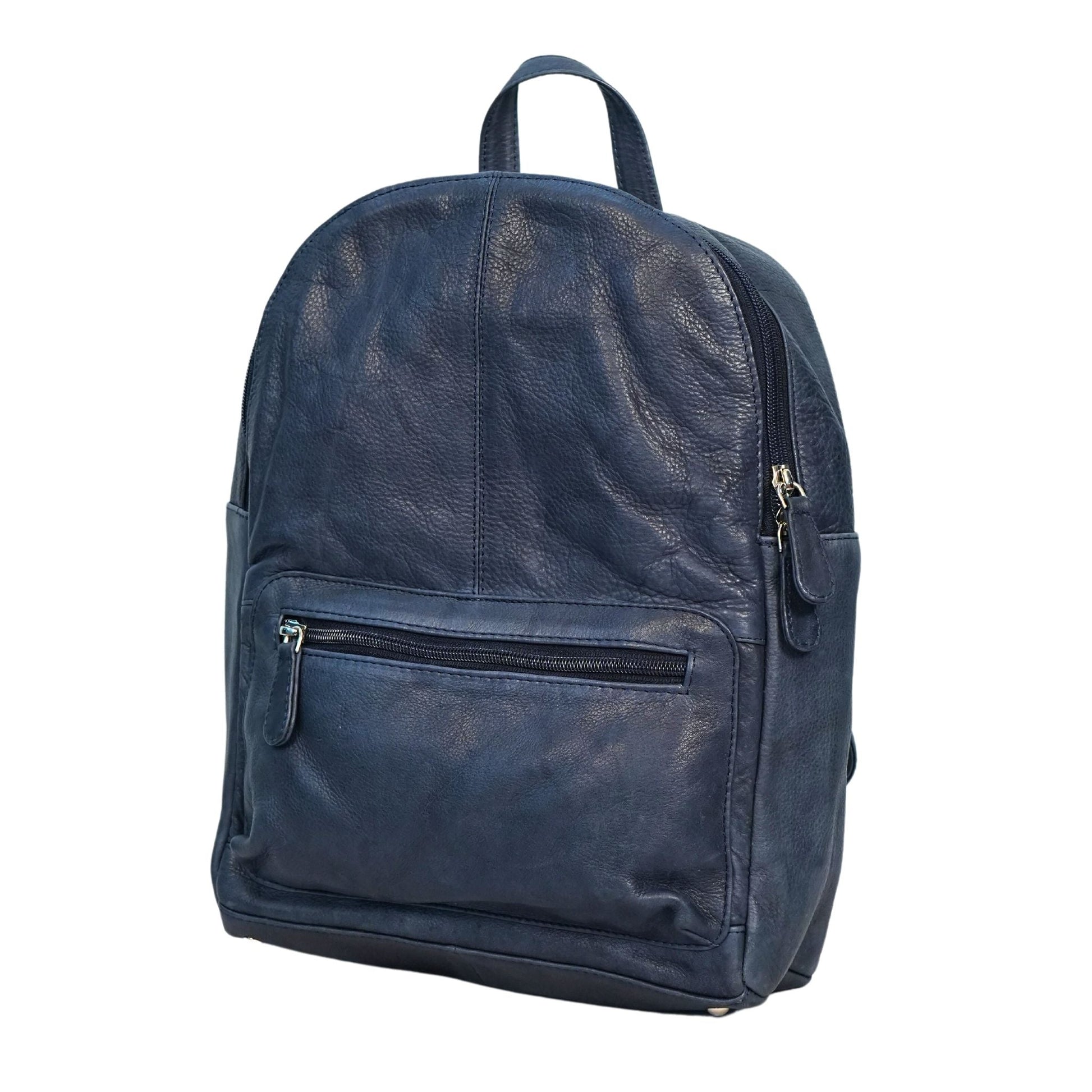 Navy medium leather backpack side angle view