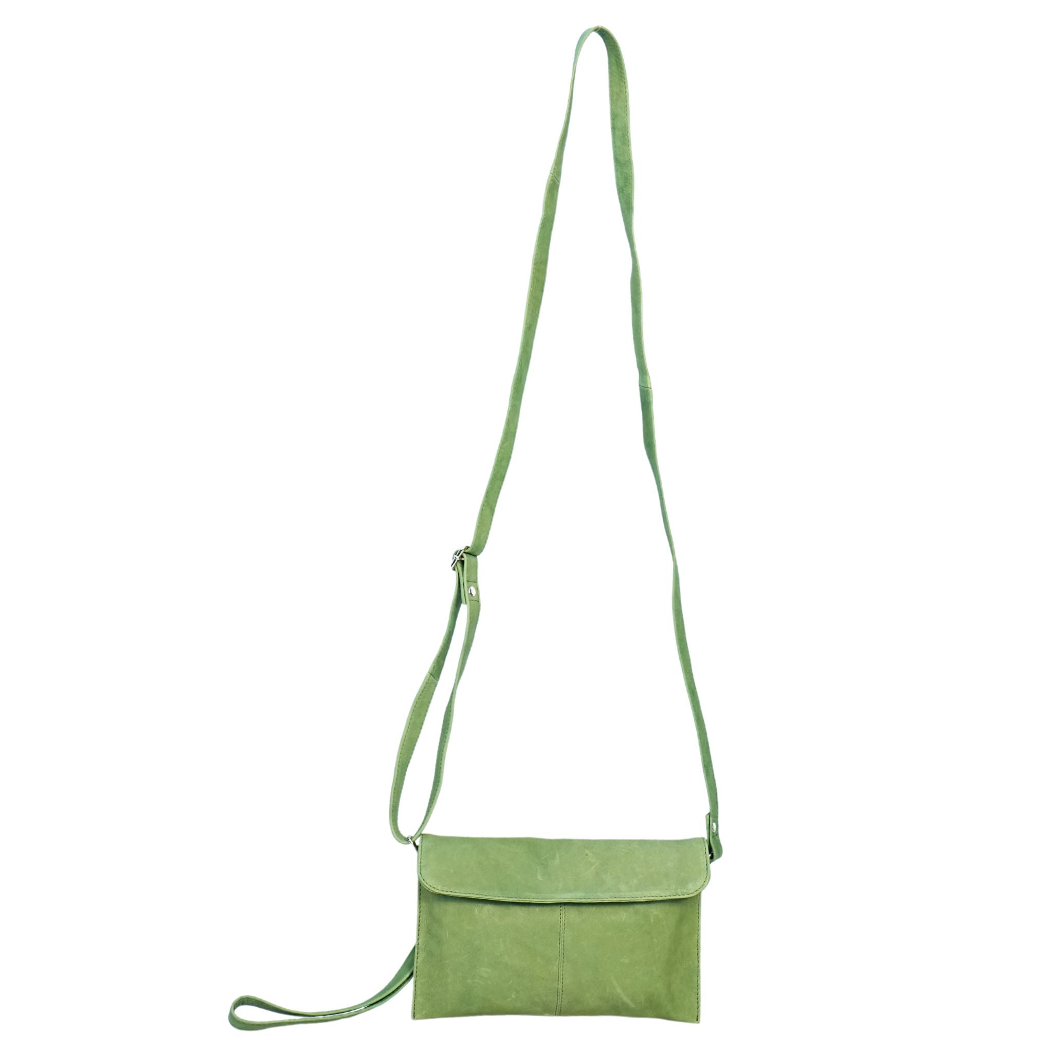 Green small crossbody bag full view with long straps