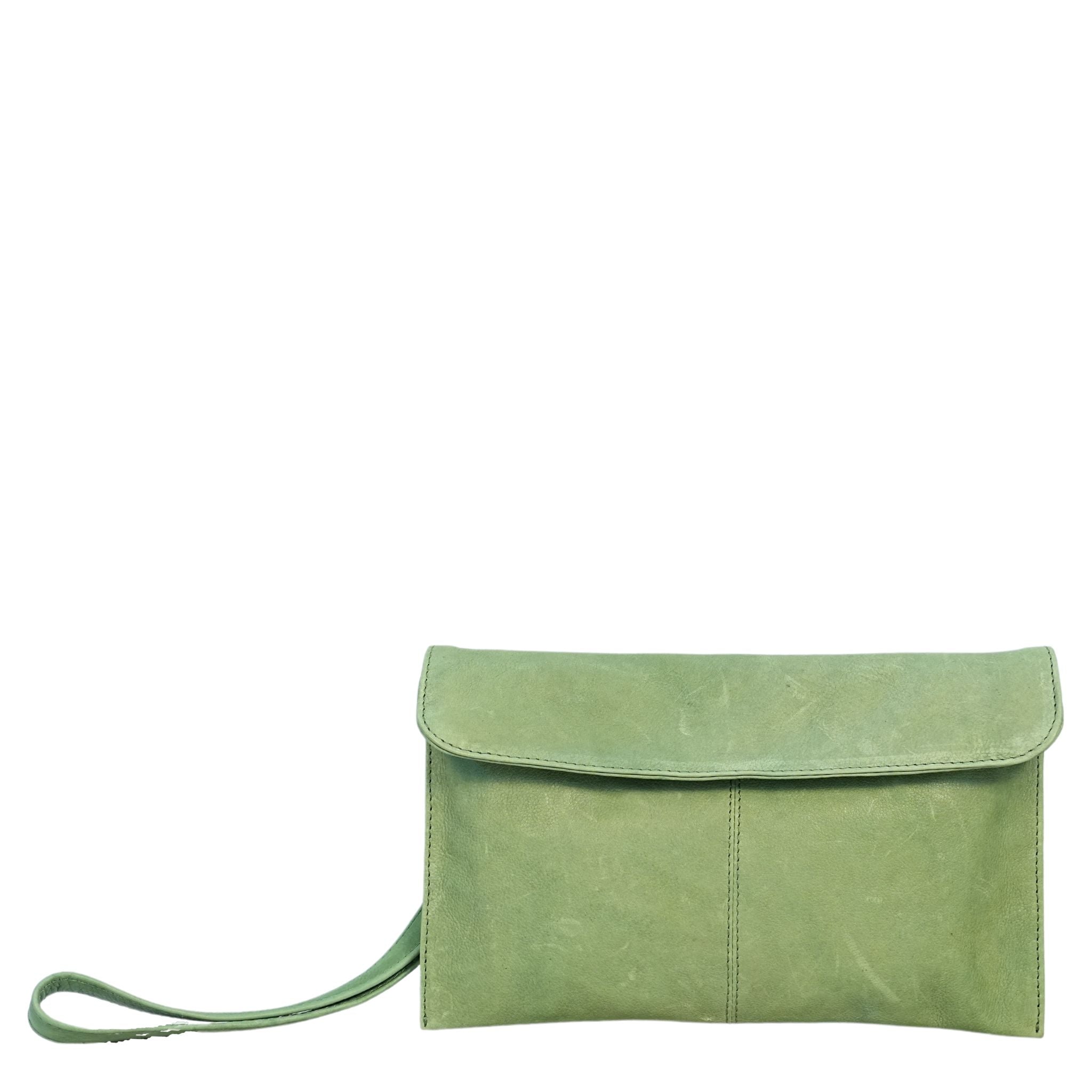 Green small crossbody bag front view with wrist strap