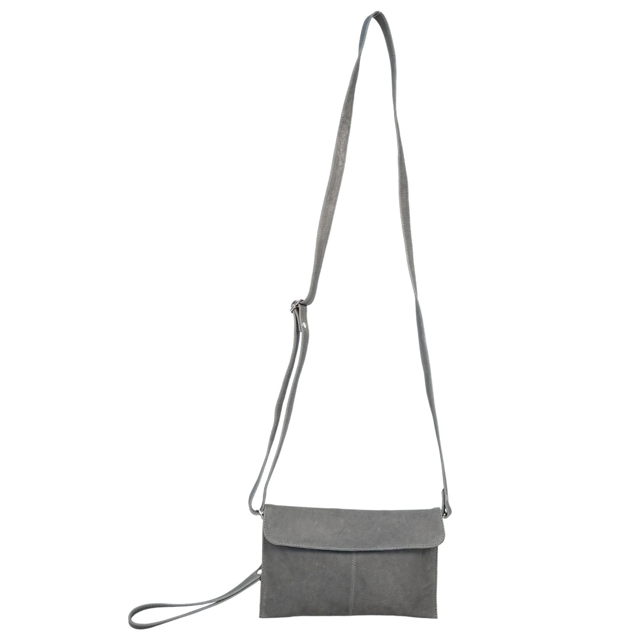 Grey small crossbody bag front view with long crossbody straps