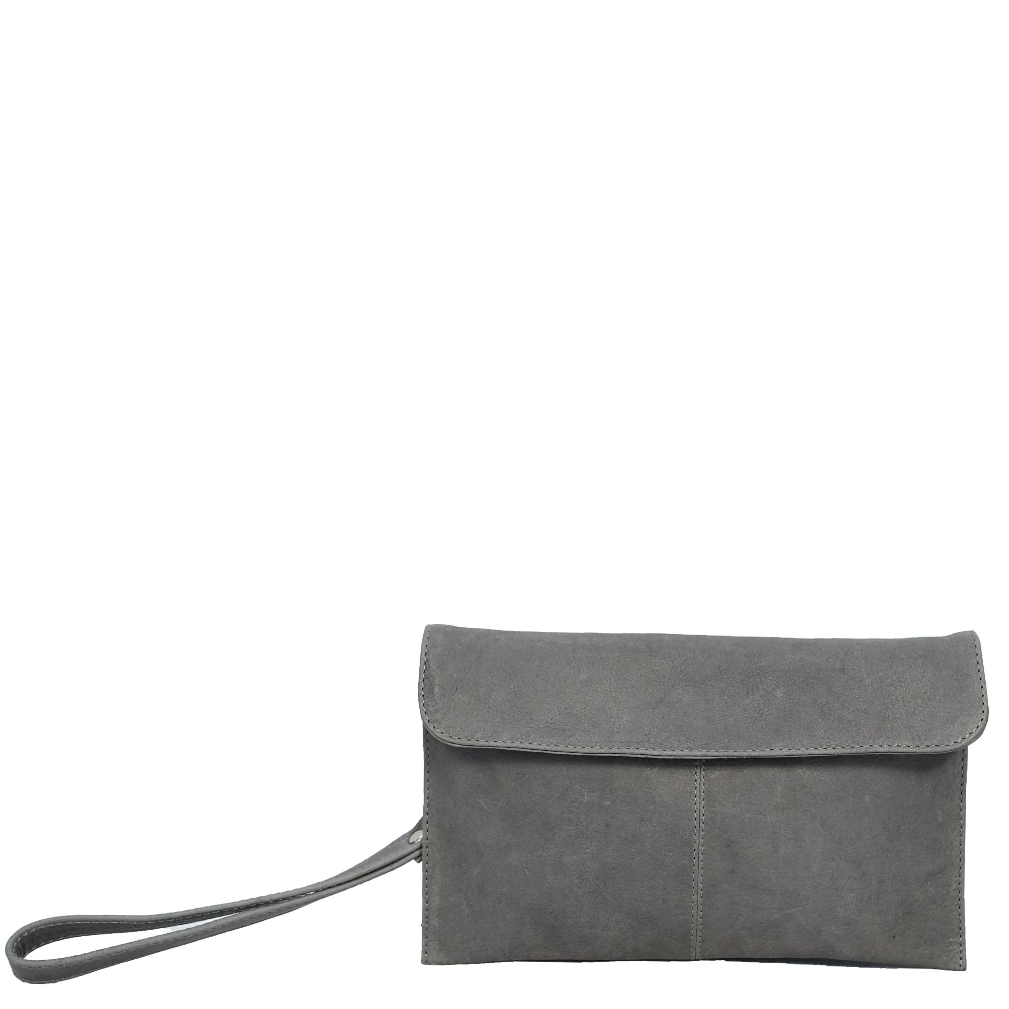 Grey small crossbody bag front view with wrist straps