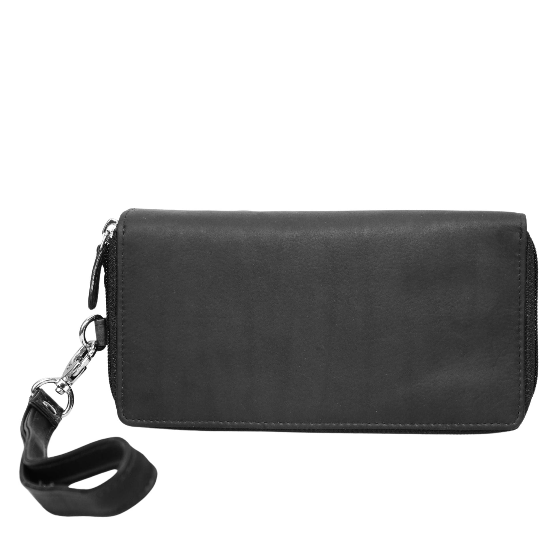 Black zip wallet front view